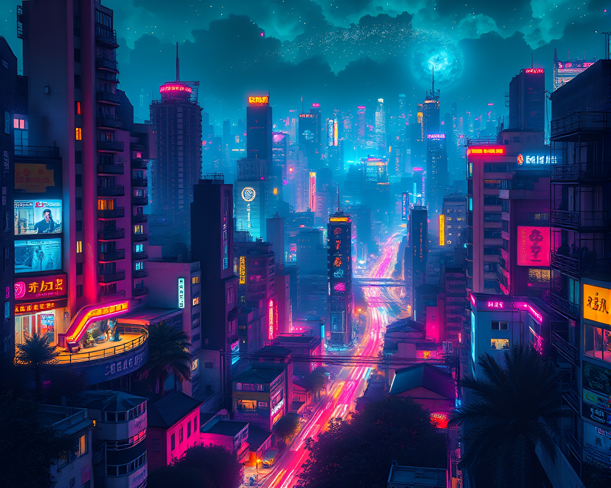 Surreal Bioluminescent Cubist Cityscape Illuminates Urban Landscape – free AI stock image