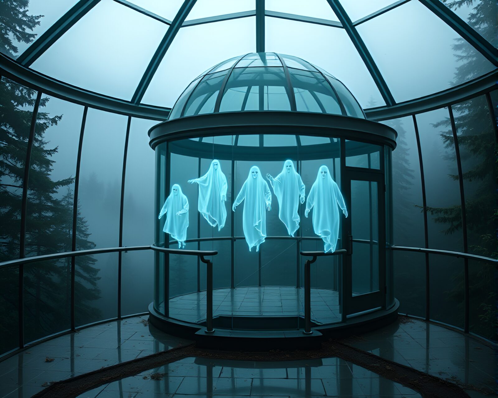 Panoramic view of glass observatory showing spooky holograms