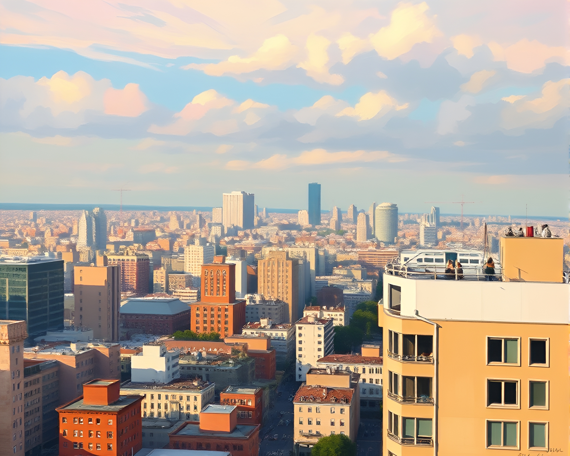 Serenity in Pastels: Urban Landscape Oil Painting – free AI stock image