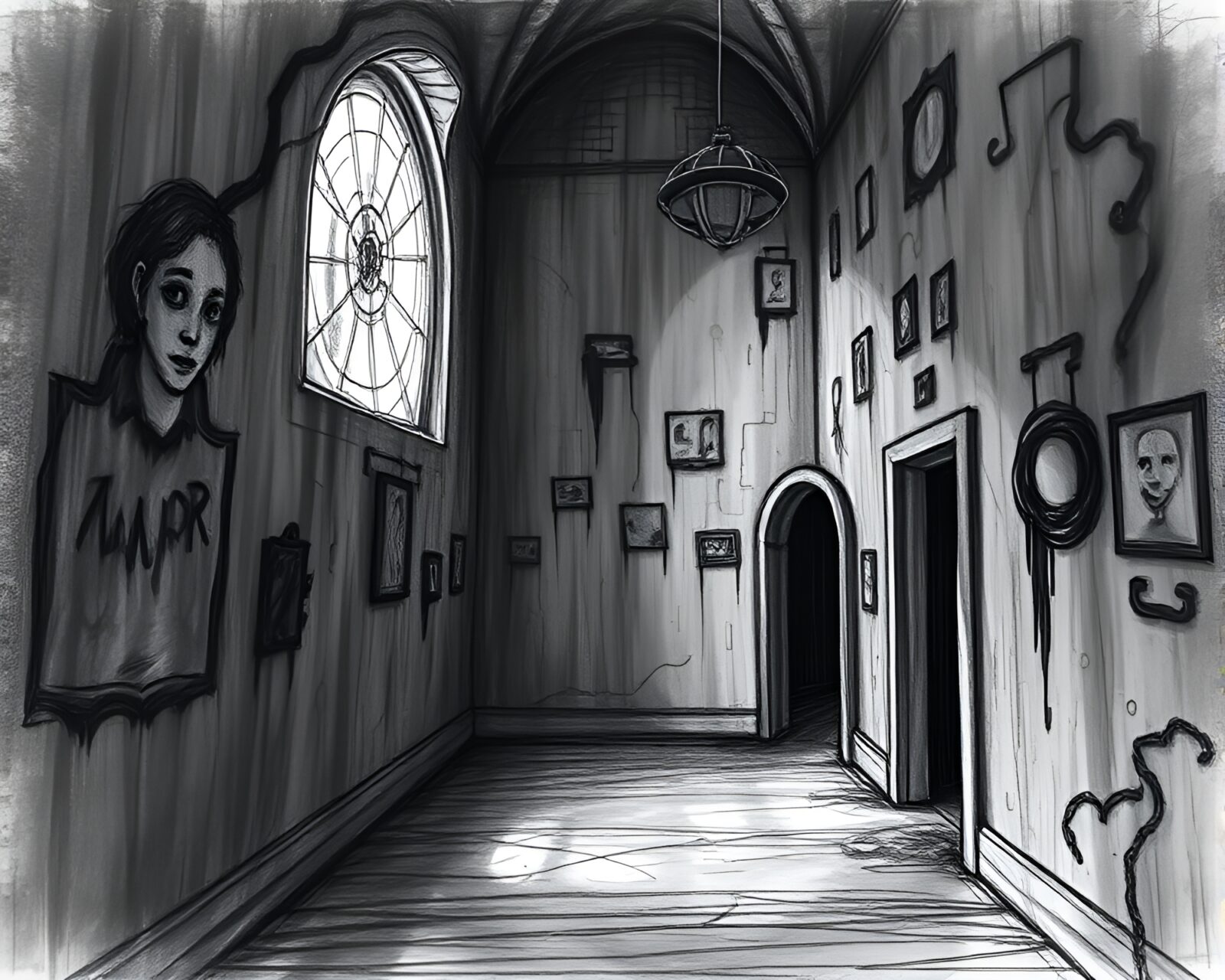 Intricate charcoal sketch of memory palace with fading memories
