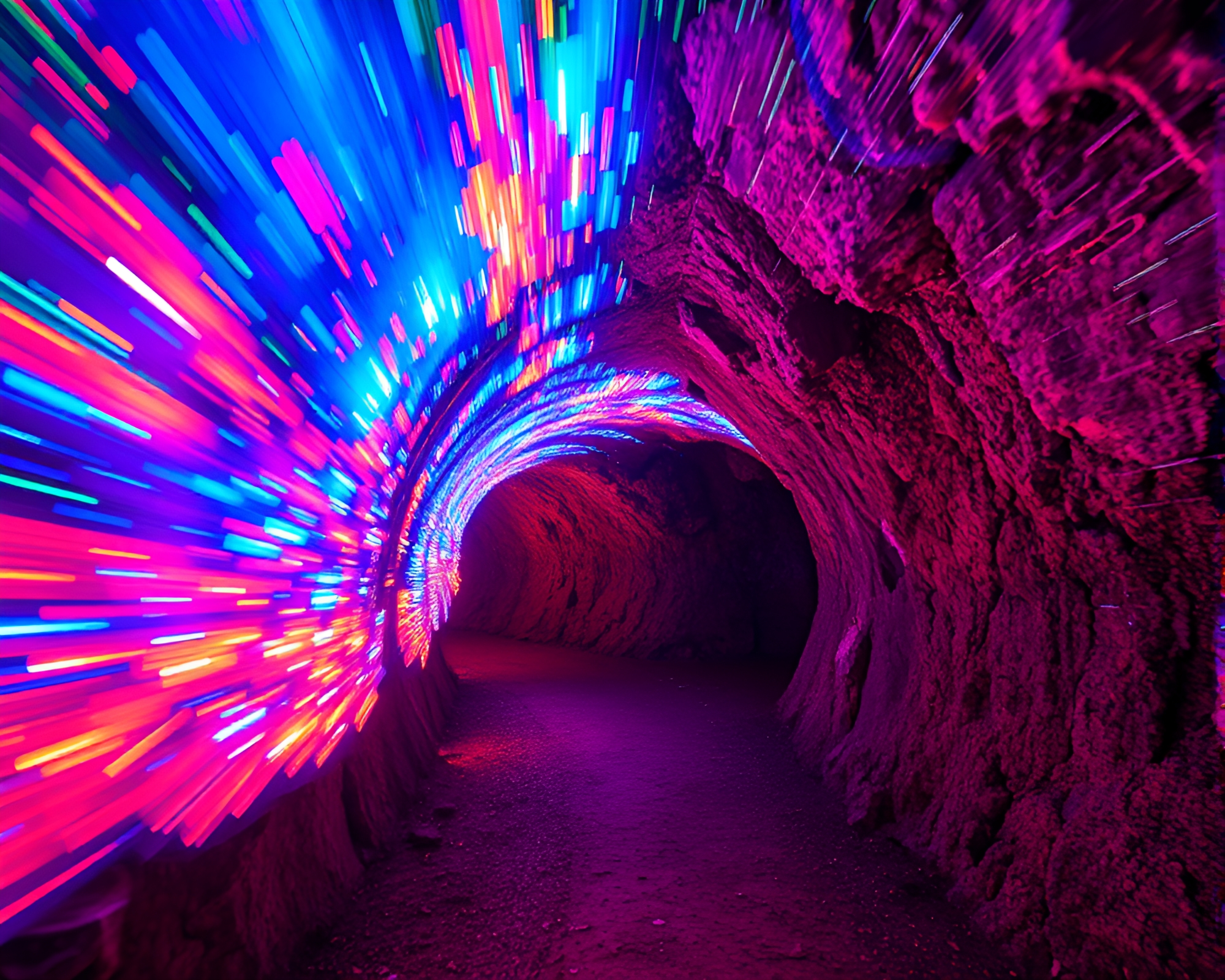 Vibrant Kinetic Light Tunnel in Creatively-Designed Subterranean Space – free AI stock image