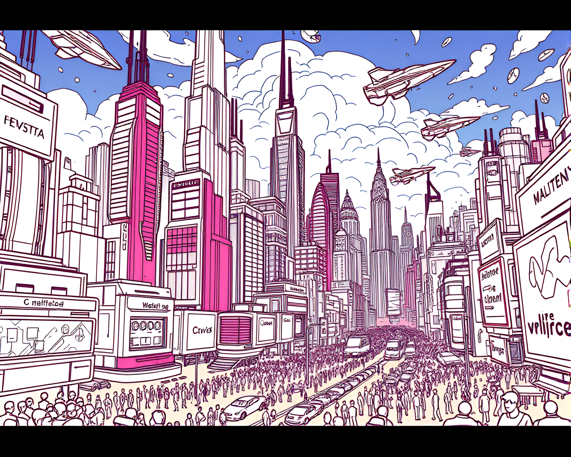 Dynamic Futuristic Cityscape in Energetic Line Drawing Style – free AI stock image