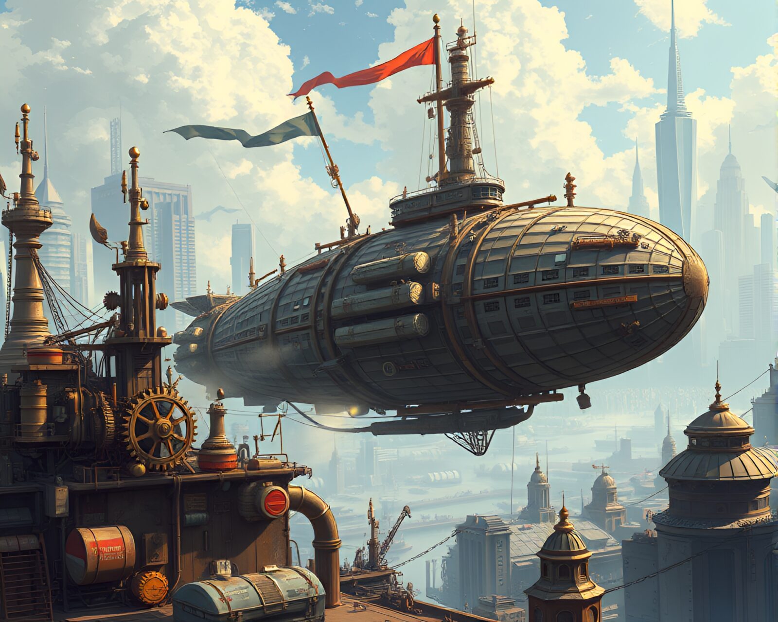 Detailed digital illustration of bustling steampunk airship port