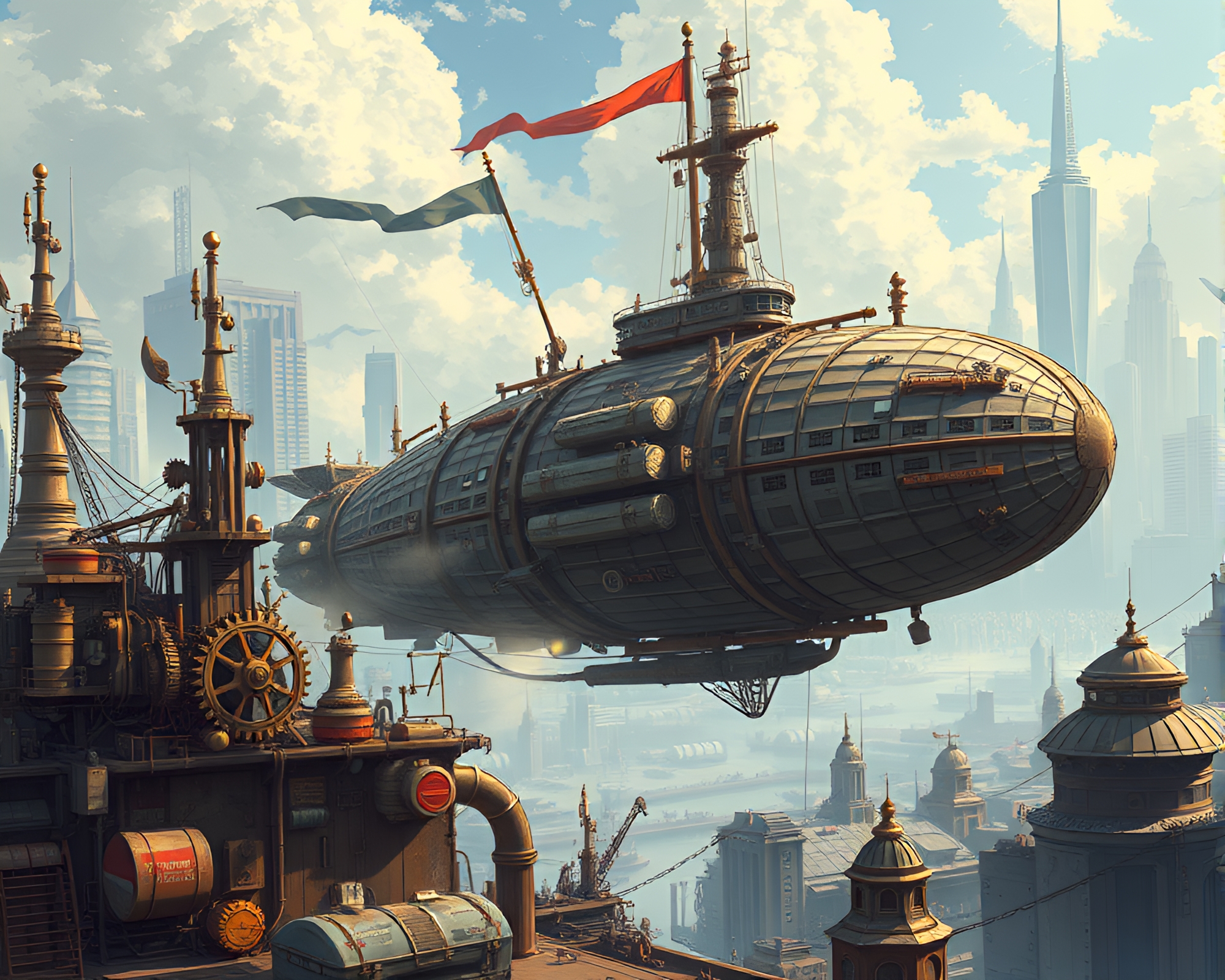 Intricate Steampunk Airship Port Amid Futuristic City Skyline – free AI stock image