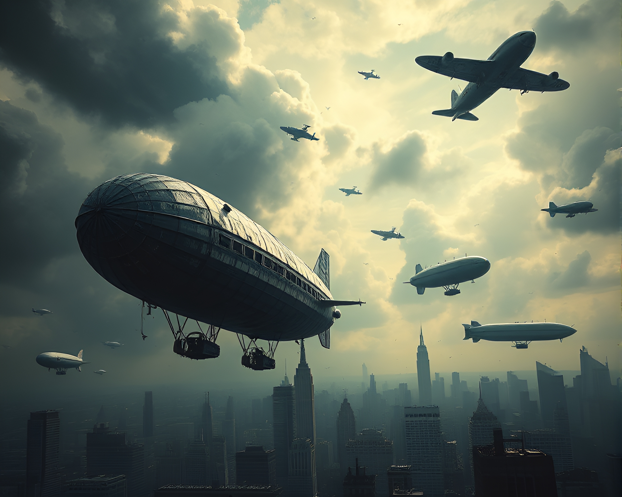 Decaying Zeppelin Among Abandoned Airships in Surreal Cityscape – free AI stock image
