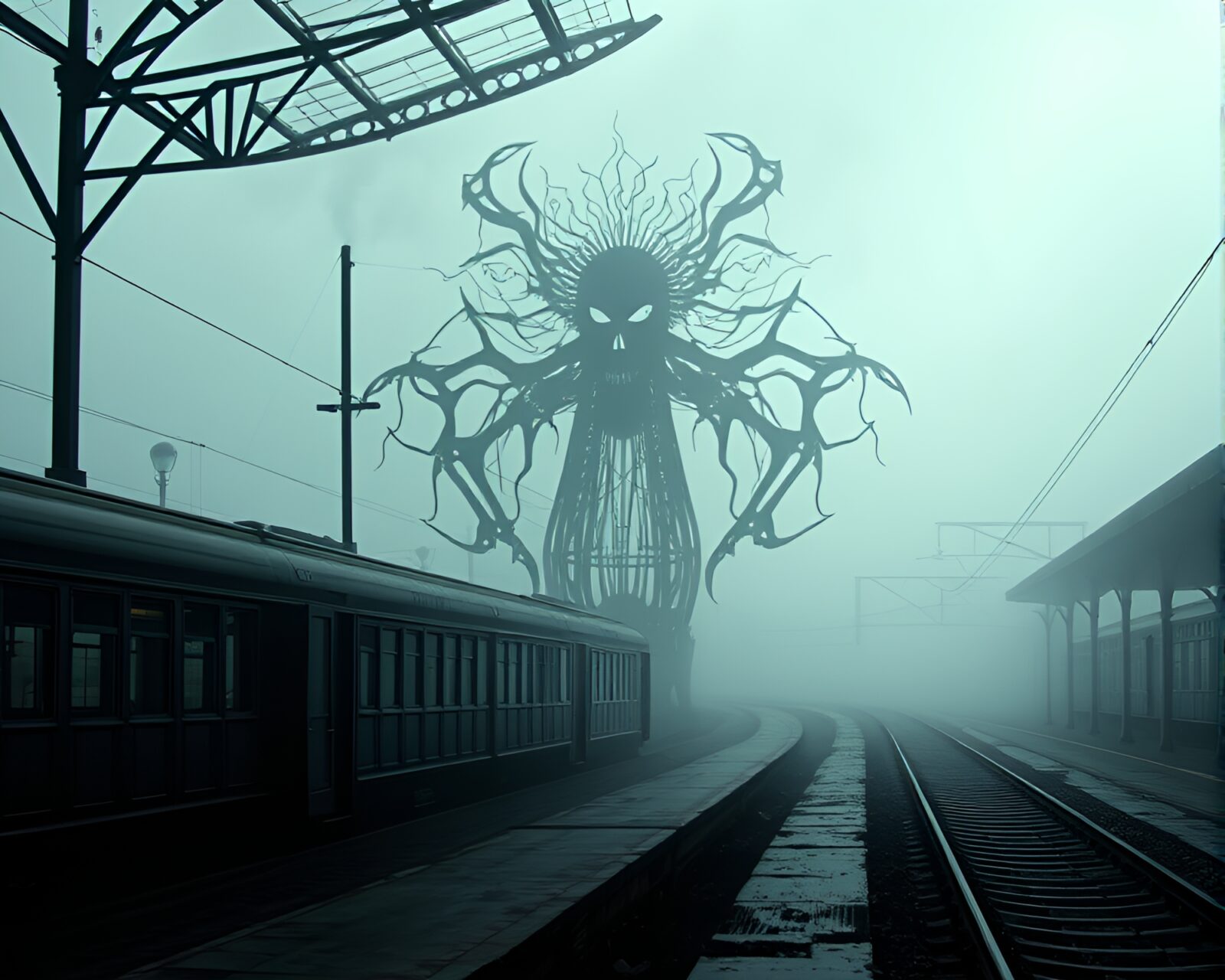 Mysterious train station with looming kinetic sculpture, surrounded by mist