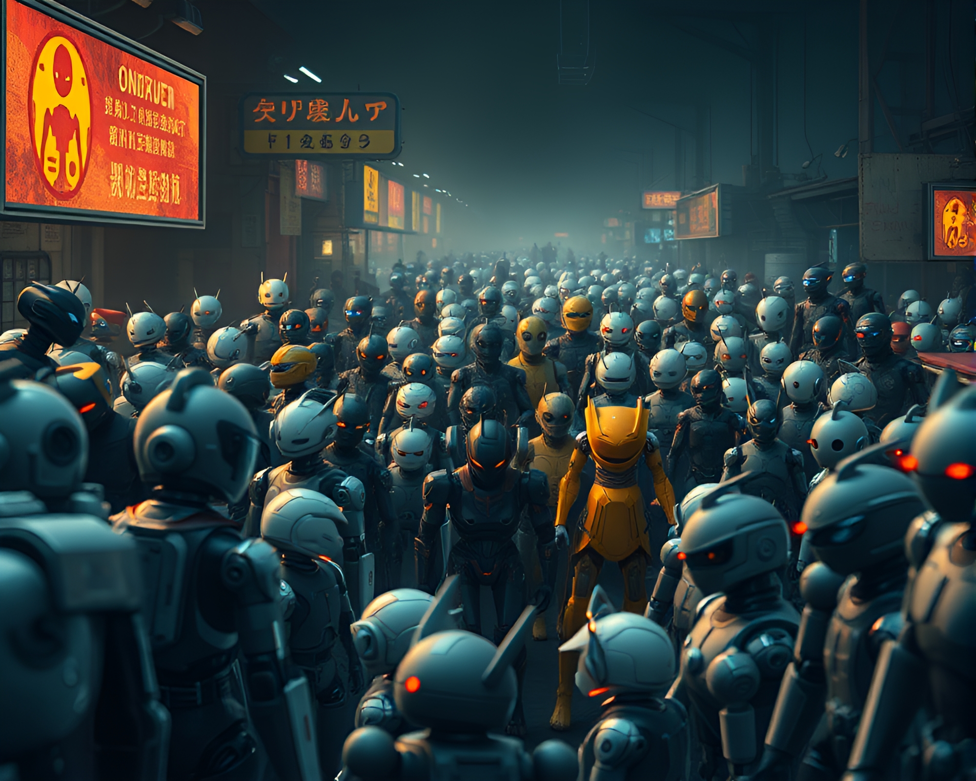Futuristic Android Market Teeming with Diverse Designs – free AI stock image