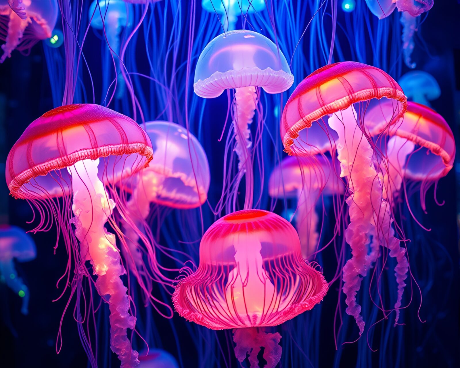 Vibrant and detailed image of luminescent jellyfish swarm embroidery art
