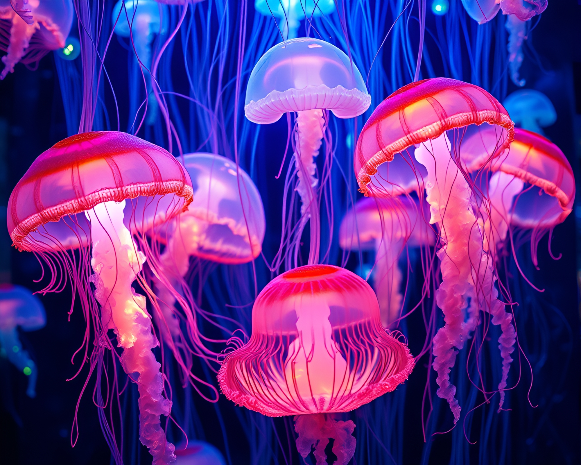 Luminescent Jellyfish Swarm in Minimalistic Embroidery Pattern – free AI stock image
