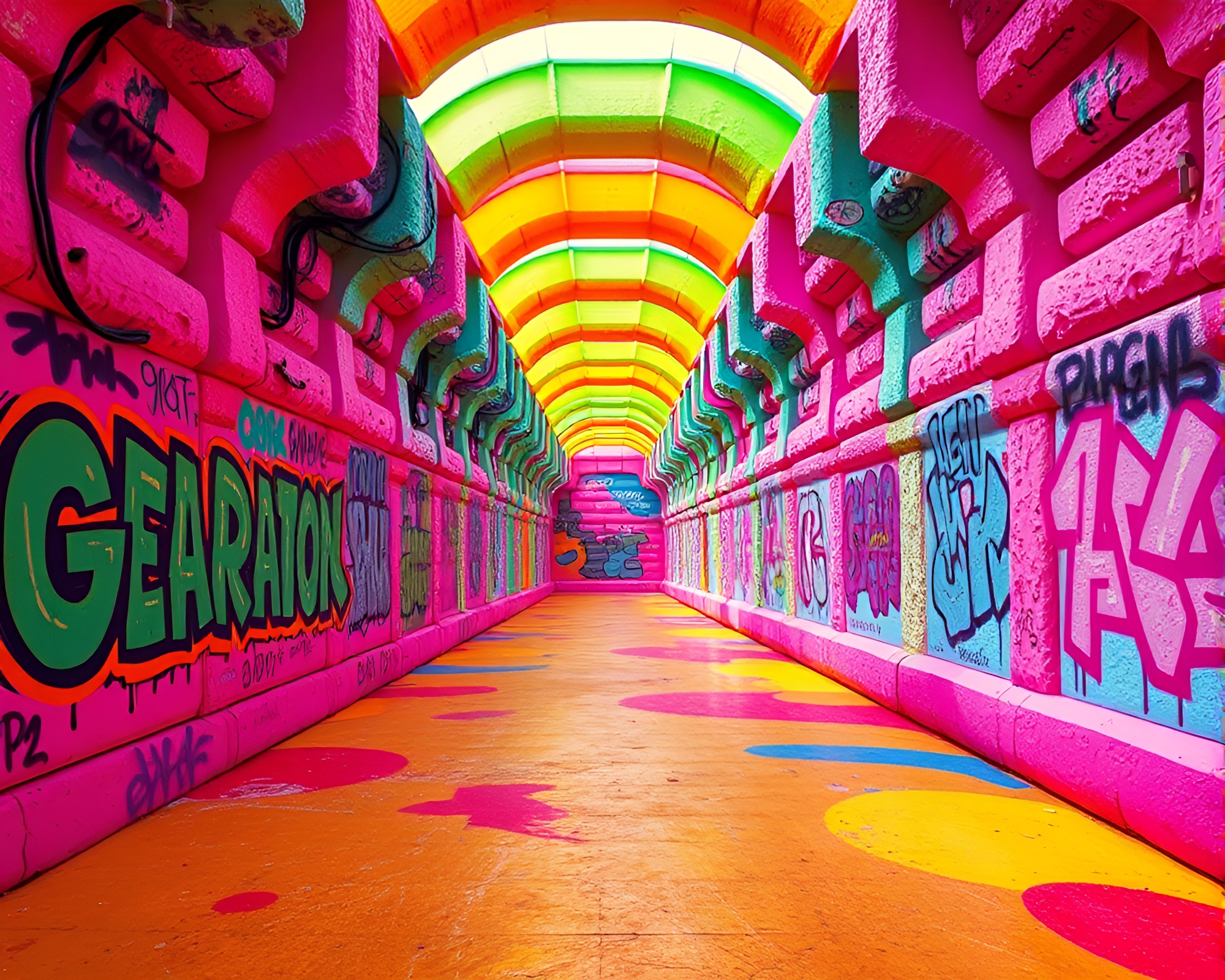 Vibrant Candy-Colored Maze With Neon Graffiti Walls – free AI stock image