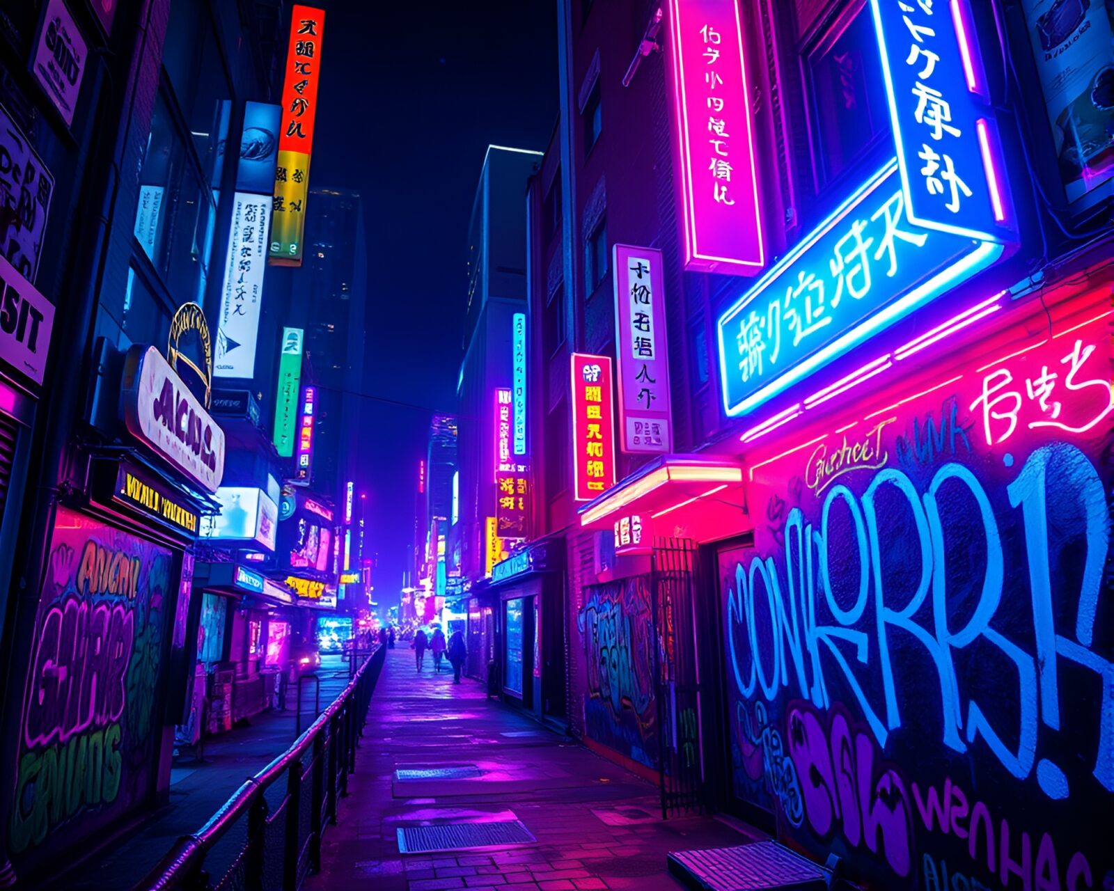 Colorful glowing street art brightens up dark urban streets