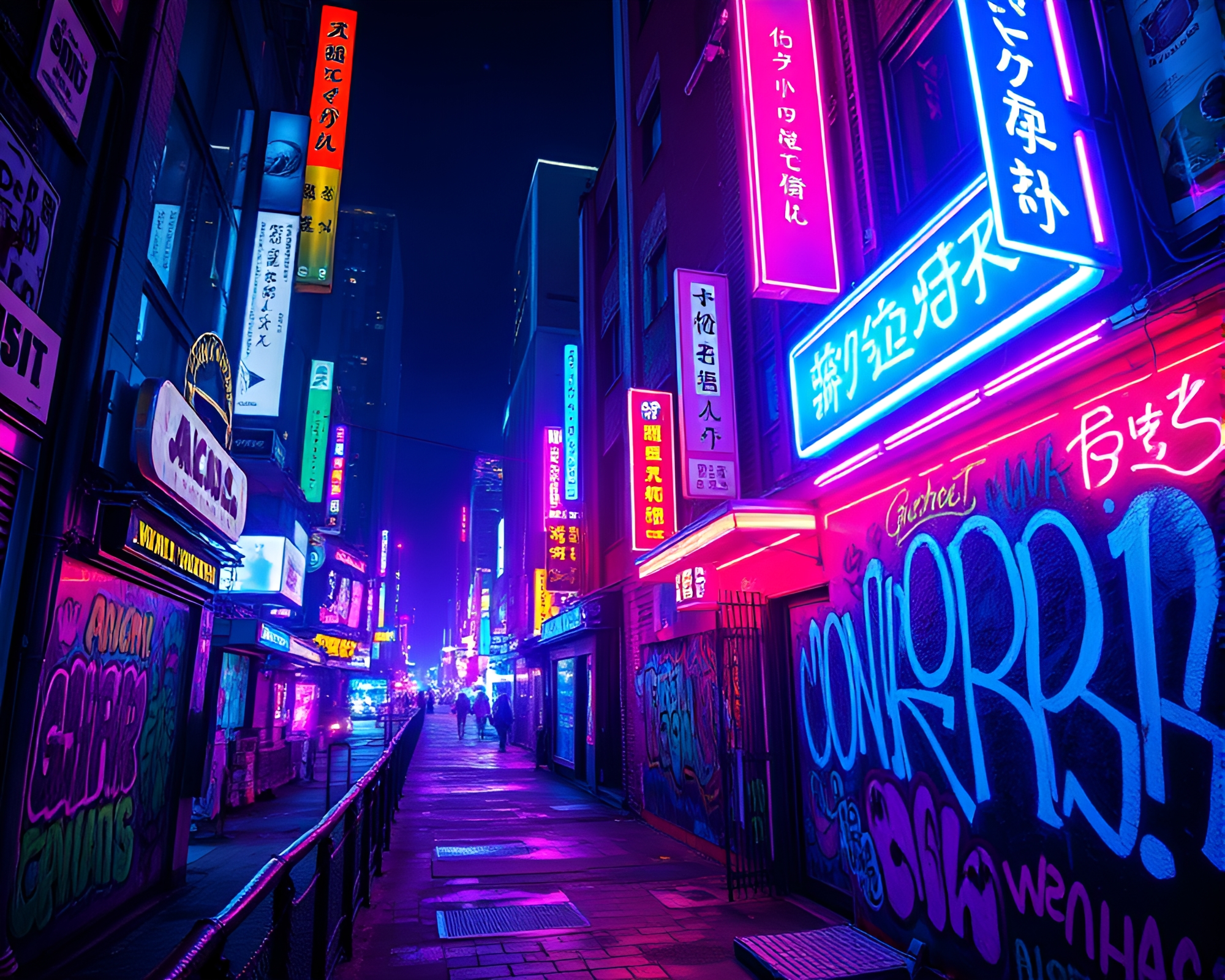 Vibrant Bioluminescent Graffiti Illuminates Urban Night Cityscape – free AI stock image