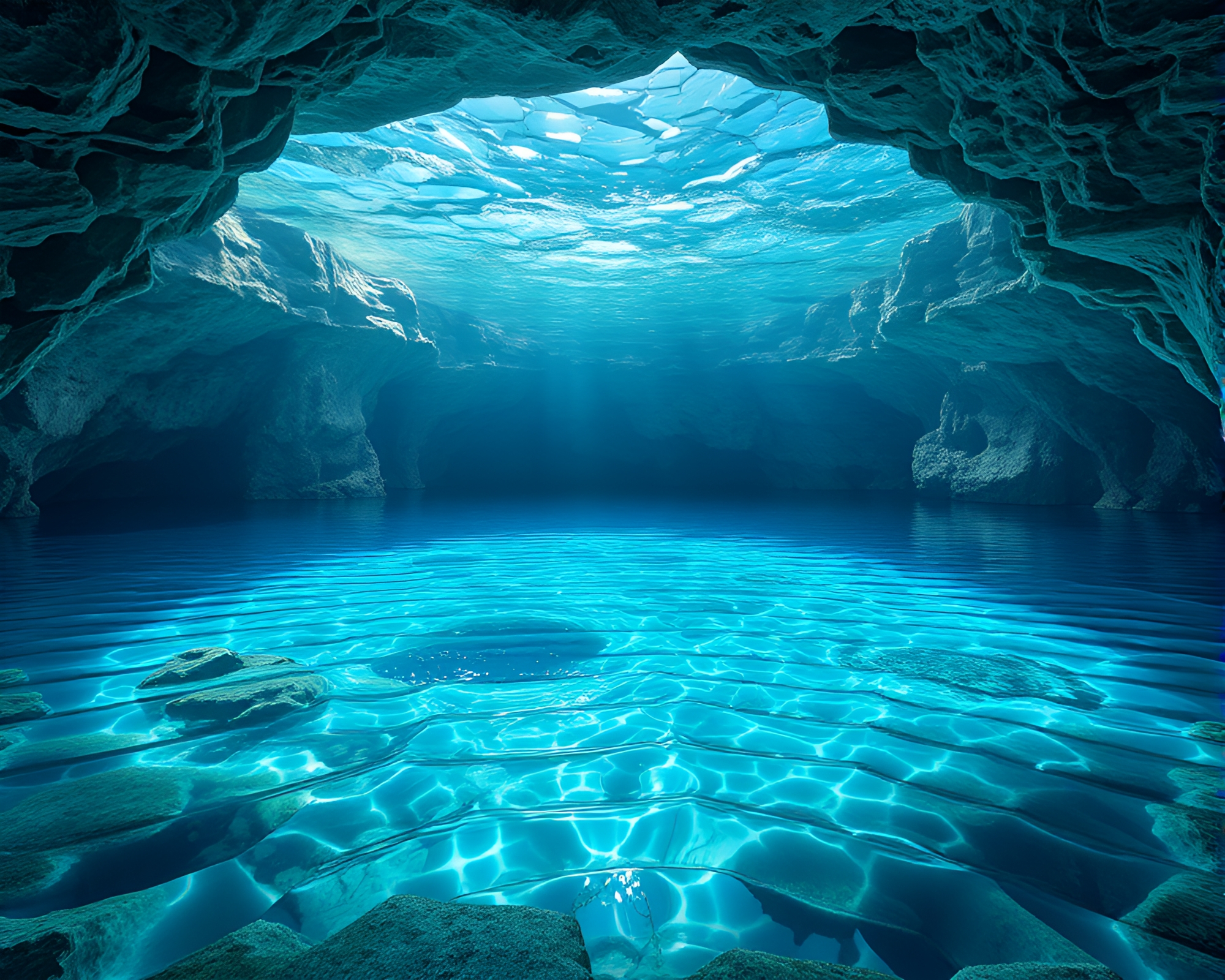 Stunning CGI Image of Crystal Clear Subterranean Lake – free AI stock image