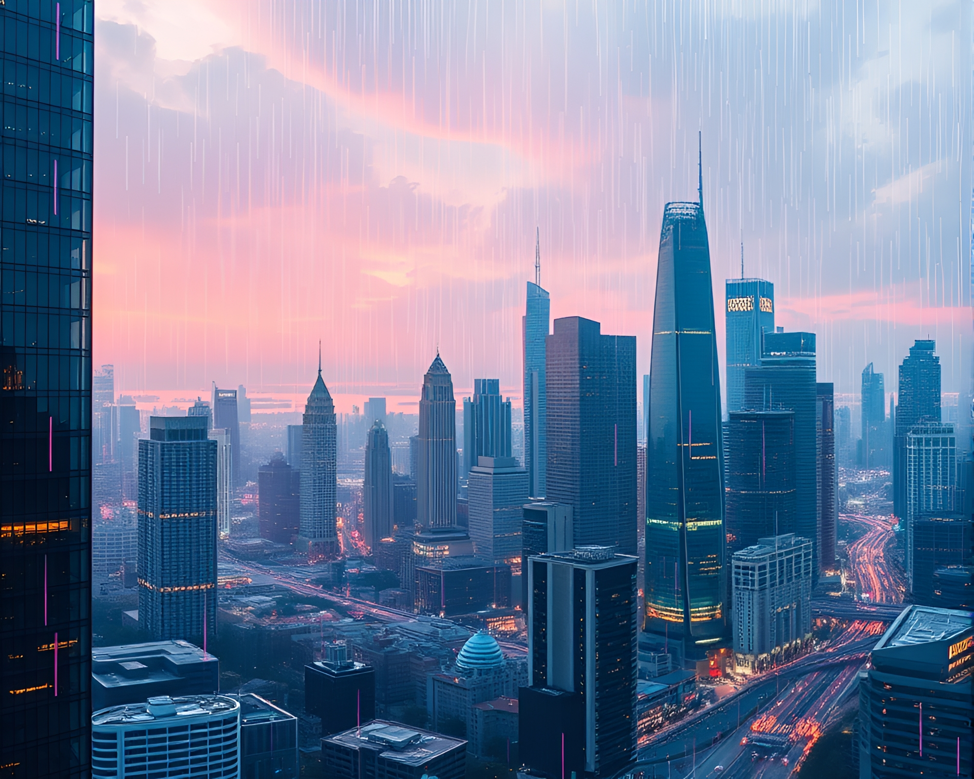 Futuristic Cityscape with Rainbow Binary Code Rain – free AI stock image