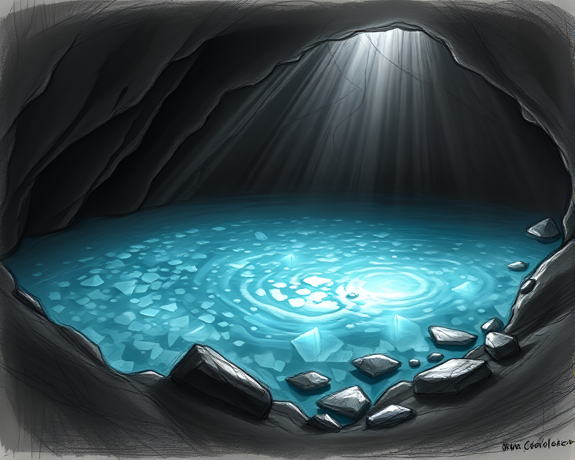 Ethereal Crystal Lake in Subterranean Darkness – free AI stock image