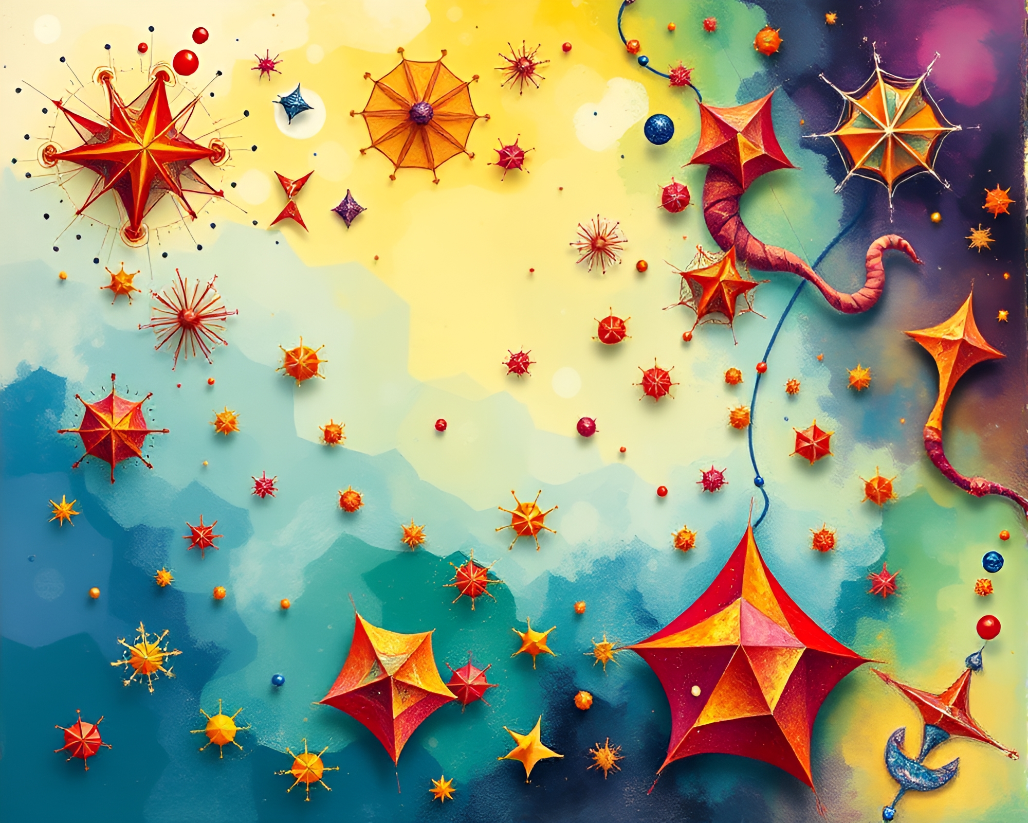 Vibrant Fractal Geometry Patterns in Playful Gouache Illustration – free AI stock image