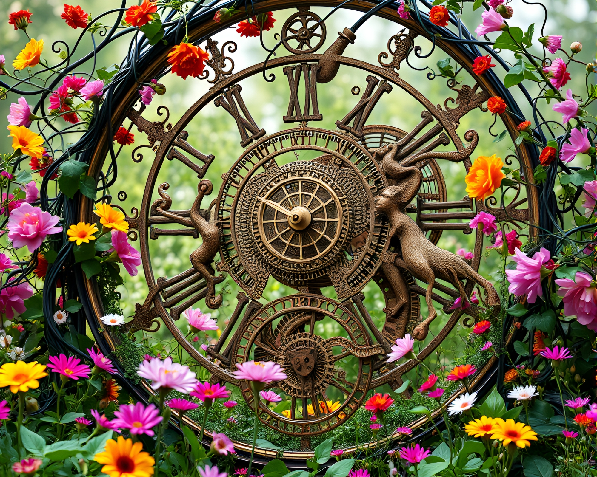 Intricate Clockwork Garden with Kinetic Sculptures Among Flowers – free AI stock image