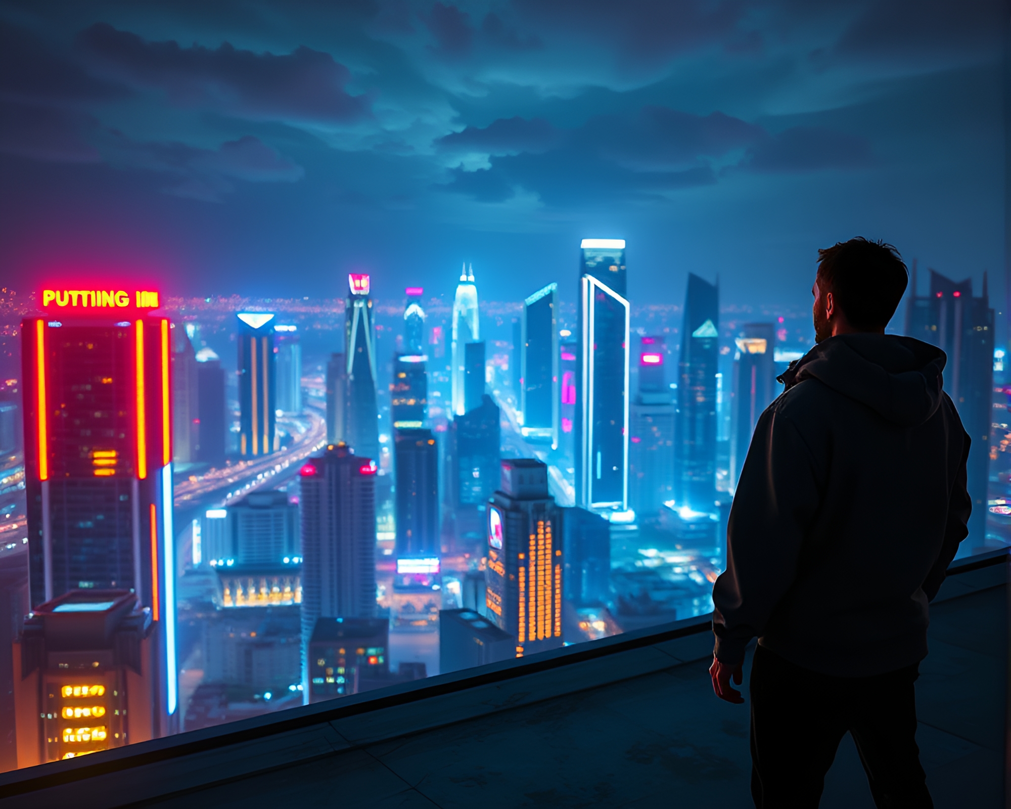 Futuristic Night Cityscape with Contemplative Figure on Rooftop – free AI stock image