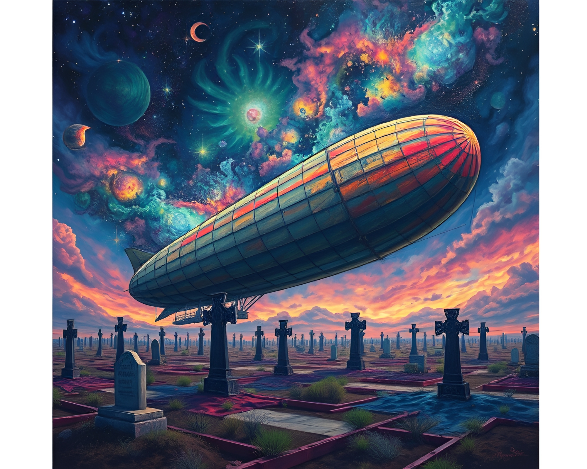 Surreal Zeppelin Graveyard: Cosmic Sky Acrylic Painting – free AI stock image