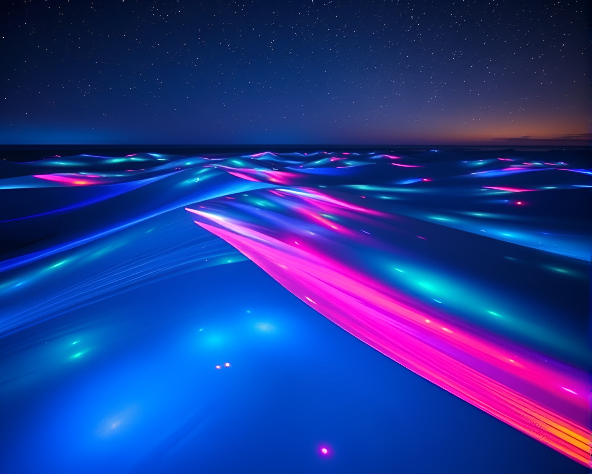 Enchanting Bioluminescent Coral-Sand Dunes Illuminated Spectacle – free AI stock image