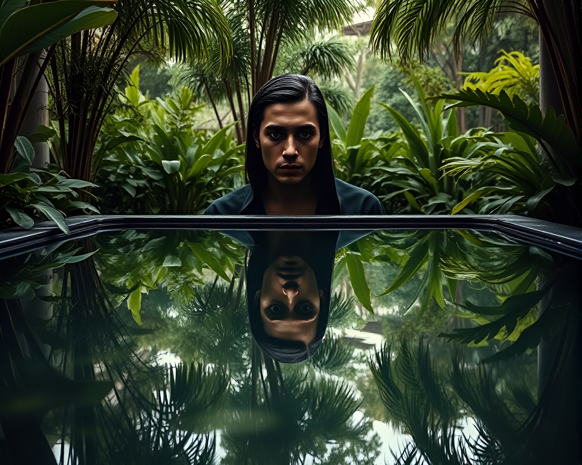 Mysterious Portrait Reflected in Tranquil Oasis Mirror Pool – free AI stock image