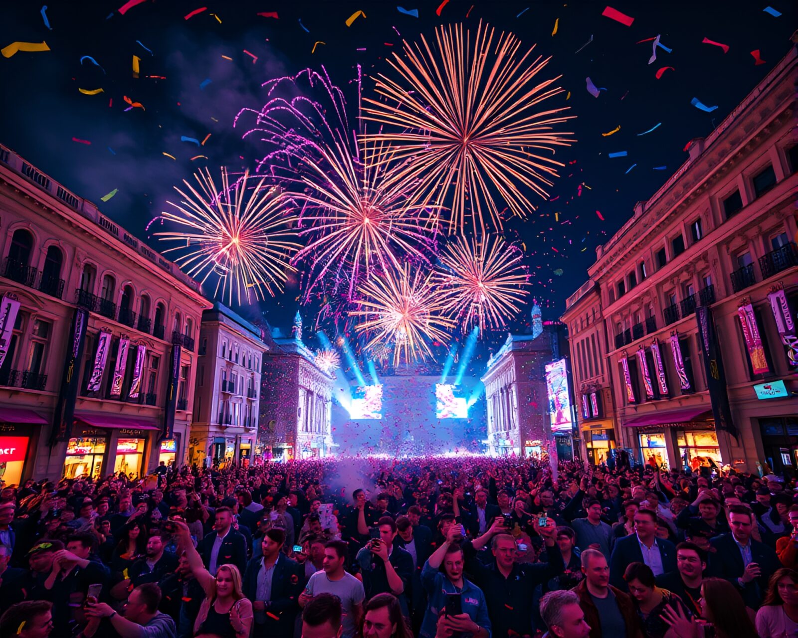 Vibrant crowd in city square with fireworks and confetti