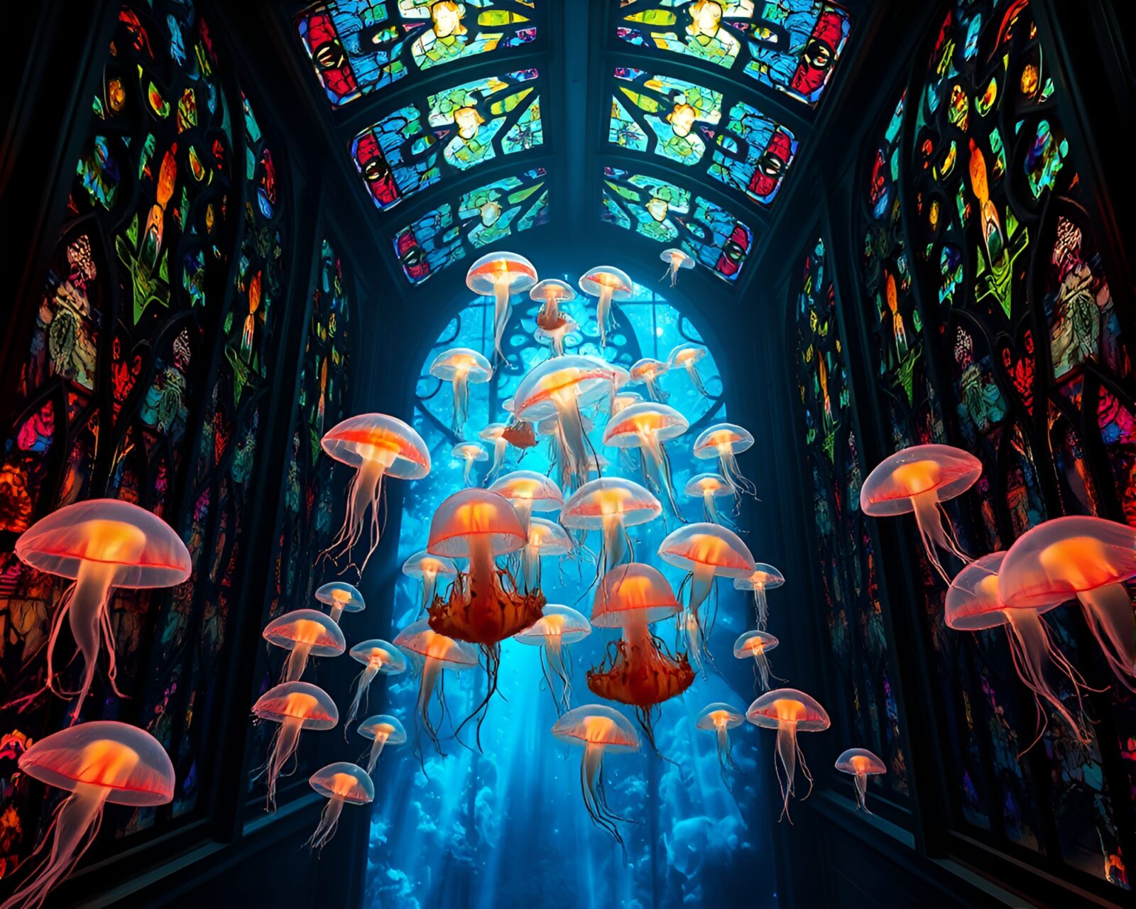 Luminous jellyfish swimming in colorful room with stained glass windows