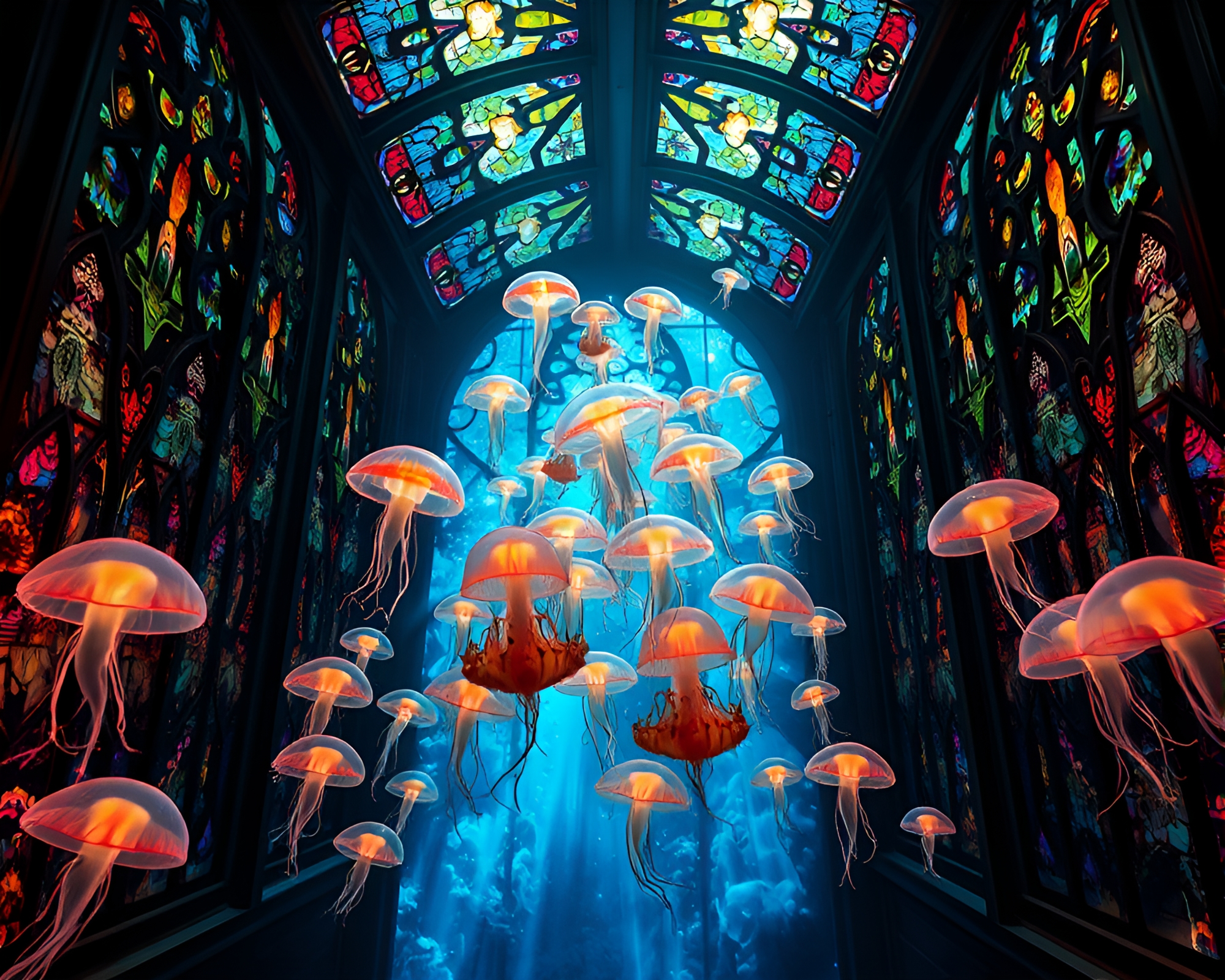 Luminous Jellyfish Swarm In Stained Glass Room – free AI stock image