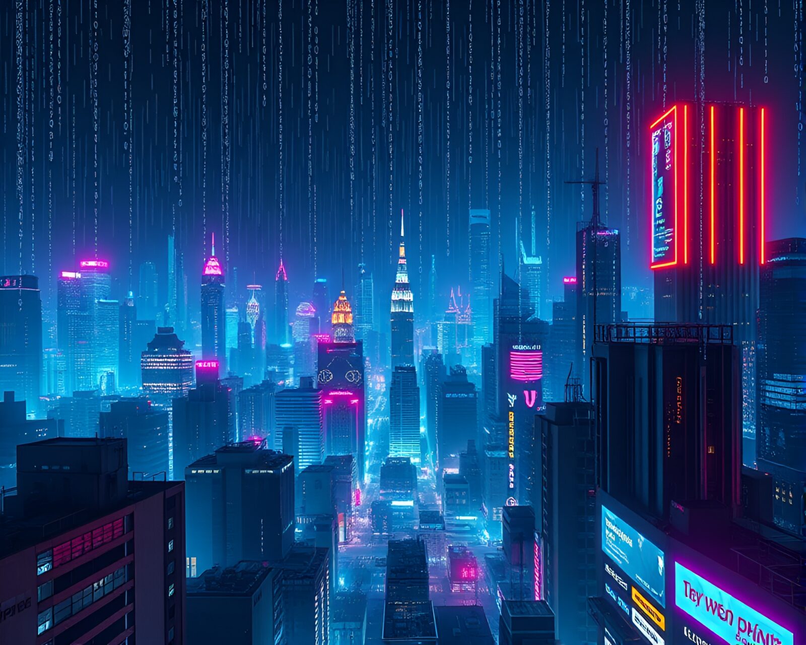 Futuristic cityscape with neon lights and falling binary code