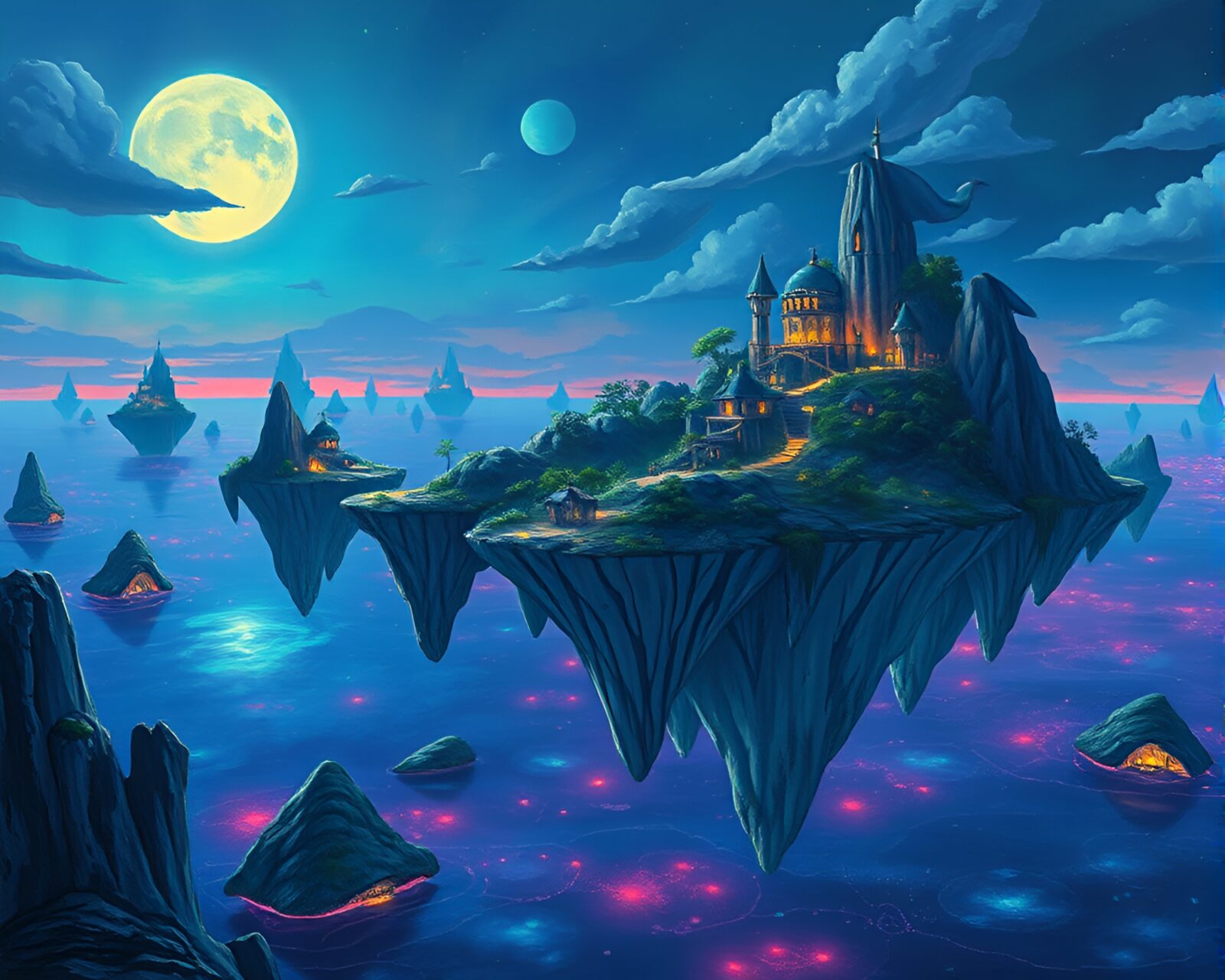 Vivid surreal island chain with glowing bioluminescent colors in gouache painting
