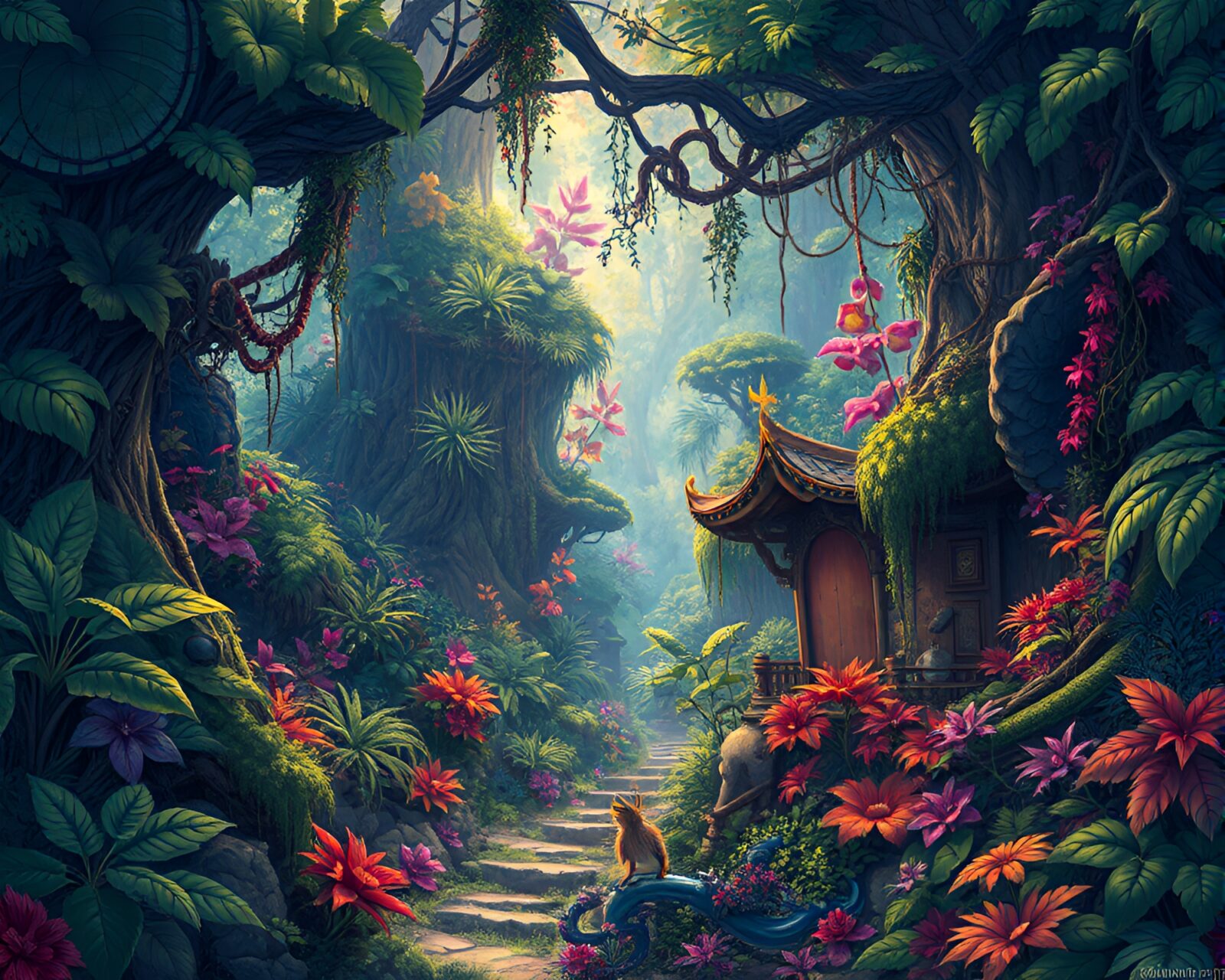 Brightly colored anime jungle scenery with intricate fractal designs