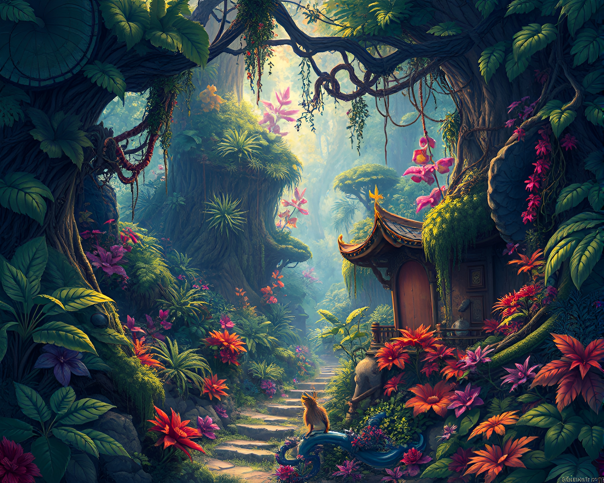 Stunning Anime Jungle Landscape with Vibrant Fractal Patterns – free AI stock image