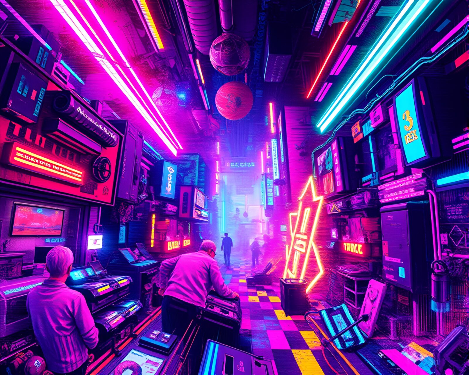 Digital glitched landscape with vibrant colors and neon lights