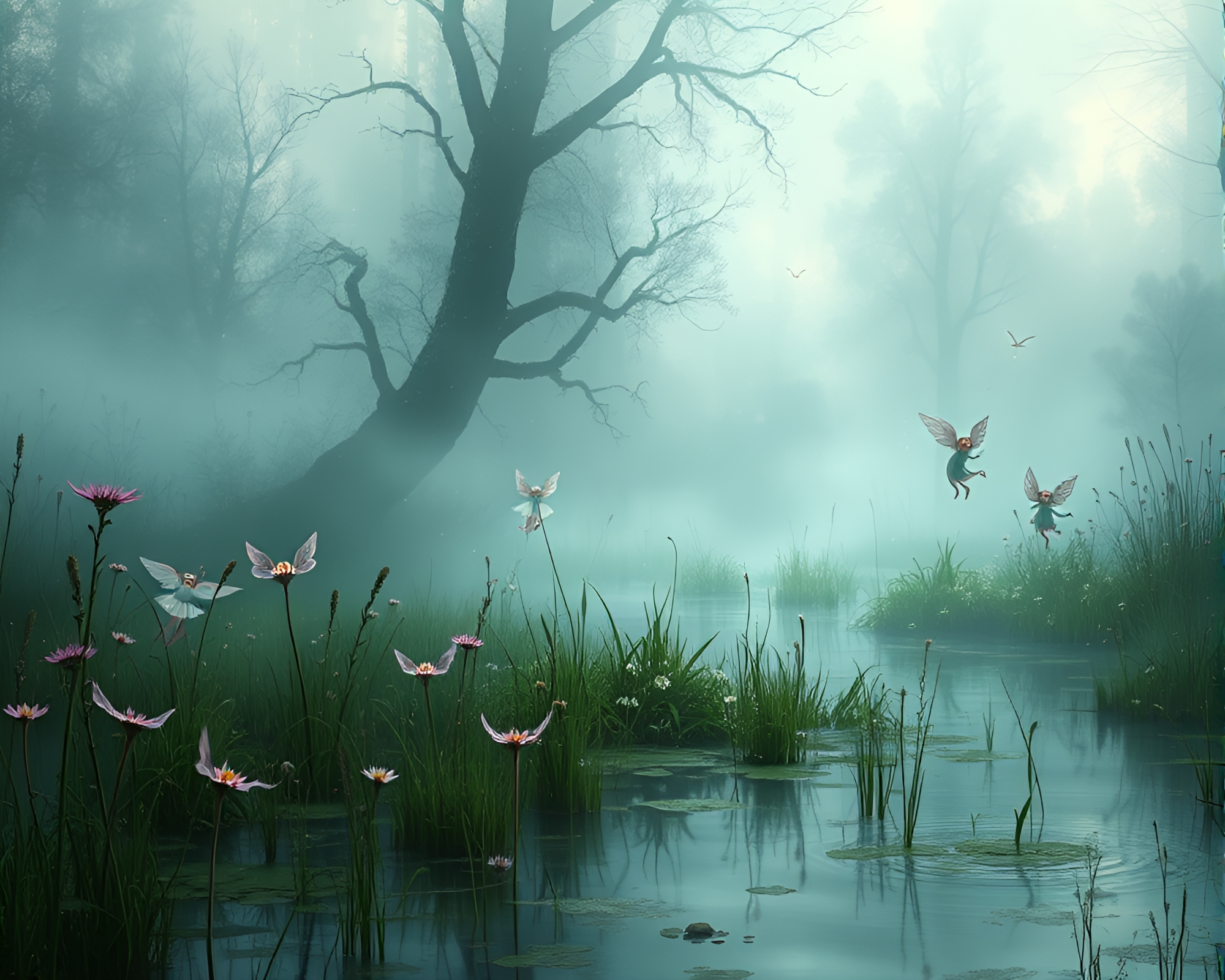 Ethereal Phantasmal Marsh Teeming with Playful Spirits – free AI stock image