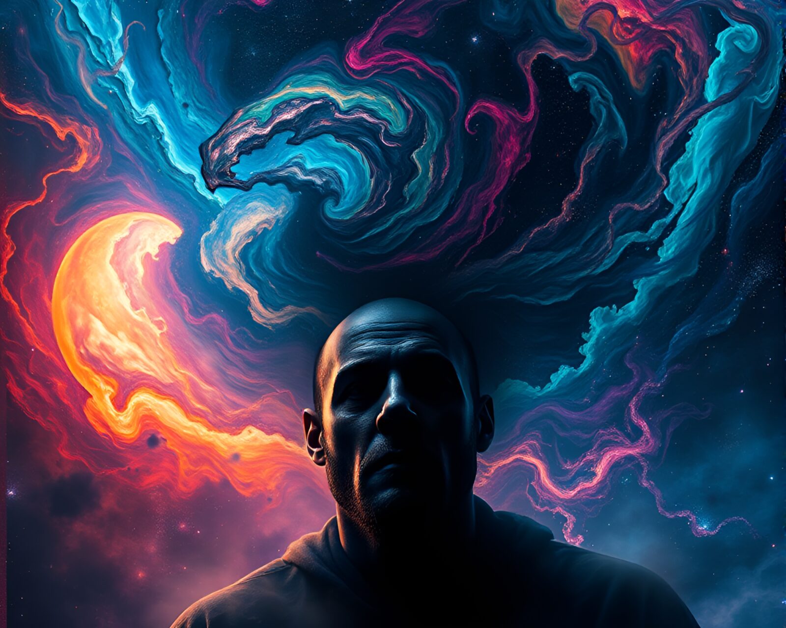 Detailed cosmic tapestry overshadowing dark portrait in vivid colors