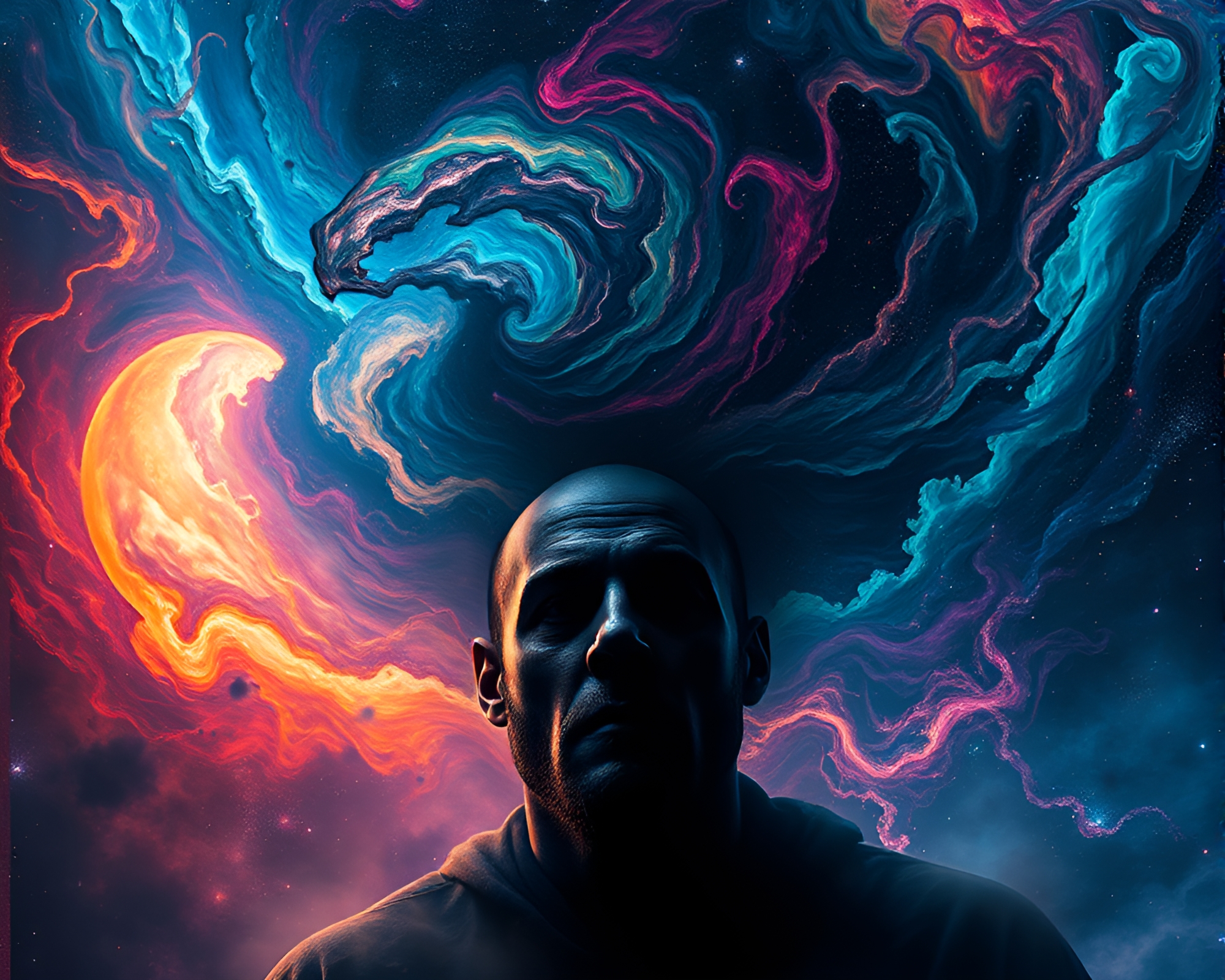 Intricate Cosmic Tapestry Engulfs Dark Portrait in Surreal Scene – free AI stock image