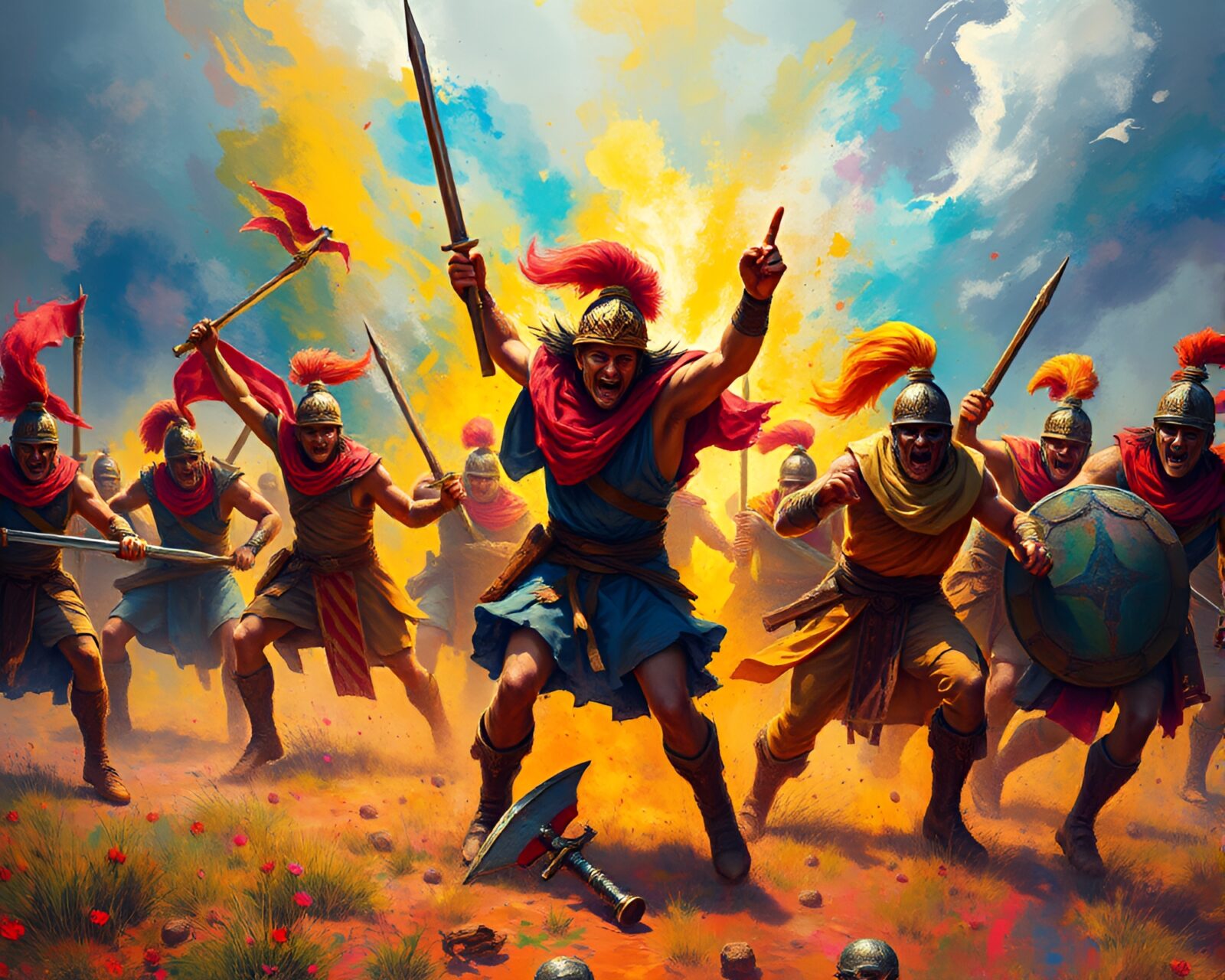 Dynamic and explosive battle scene with jubilant warrior images
