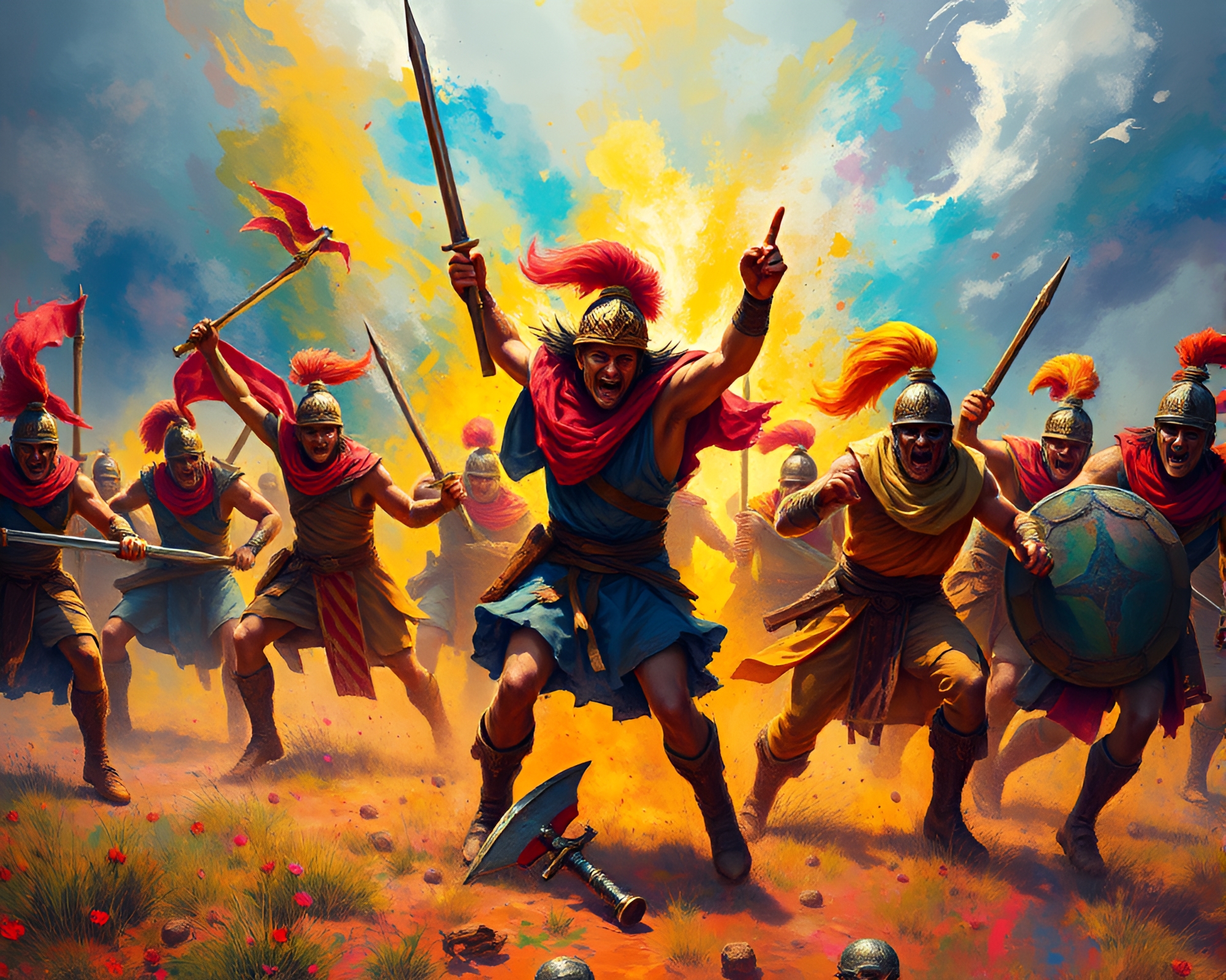 Vibrant Acrylic Warriors in Spectral Battlefield Battle Scene – free AI stock image