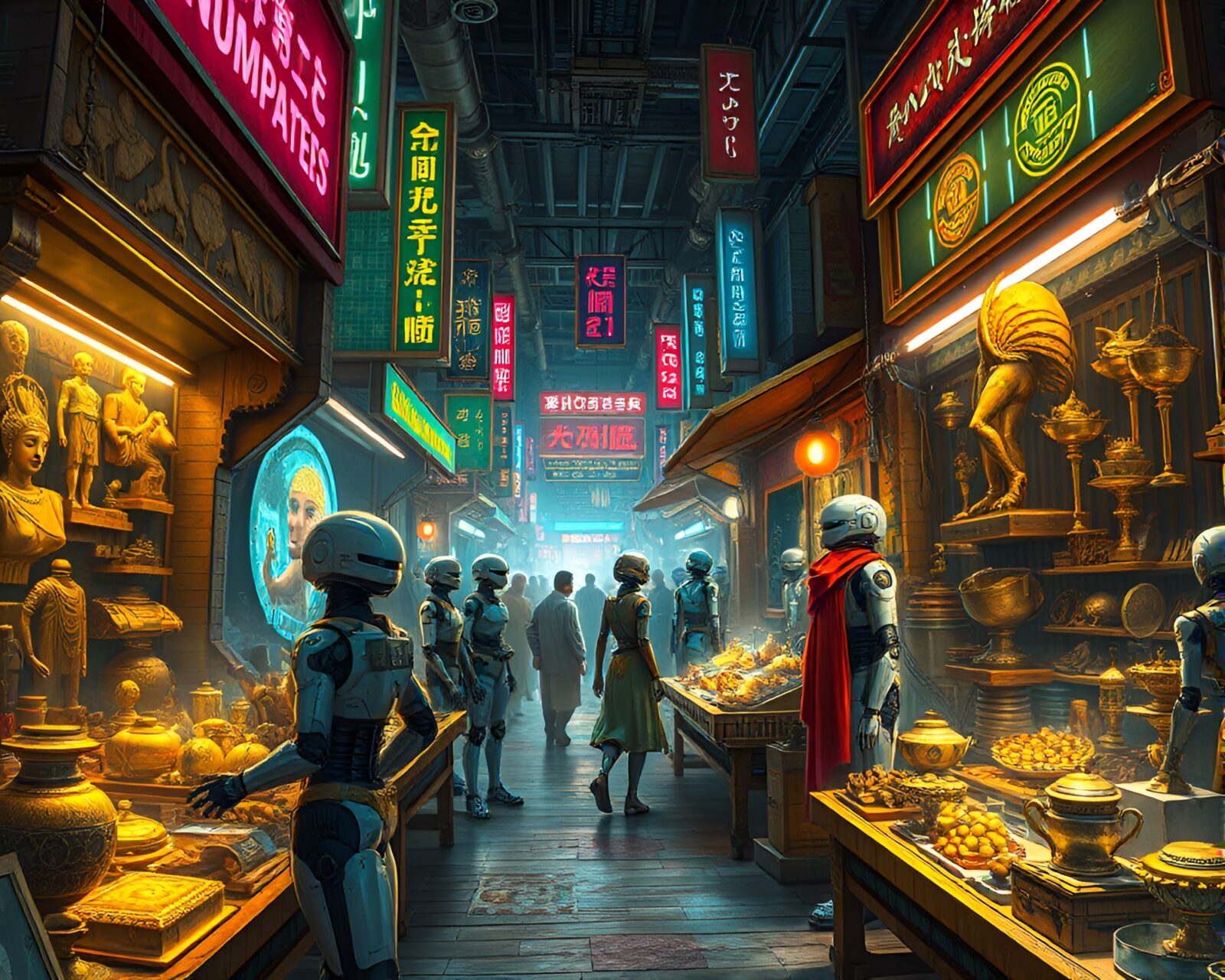 Bustling market of androids trading ancient artifacts under neon lights
