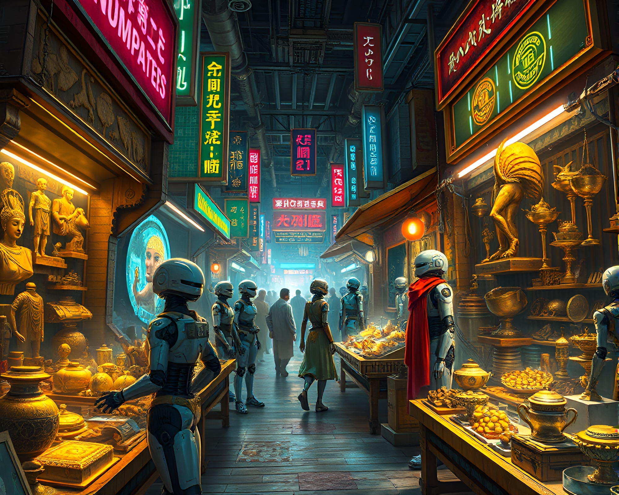Neon-lit Market Filled with Androids Trading Artifacts – free AI stock image