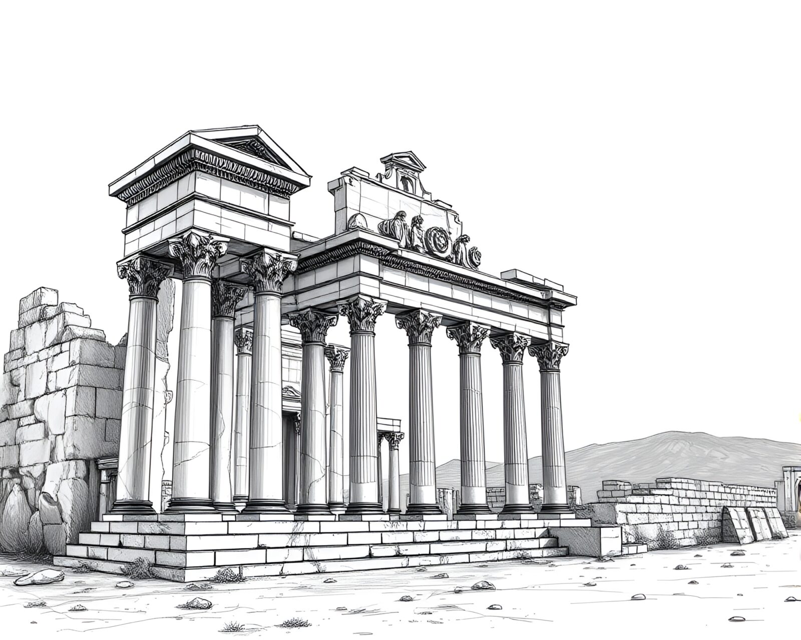 Detailed line drawing of ancient palace ruins with intricate carvings