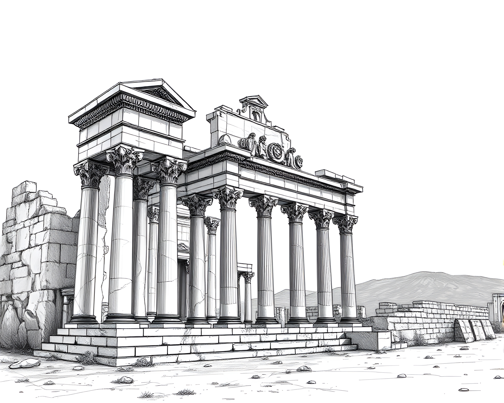 Ancient marble palace ruins drawing with intricate carvings – free AI stock image