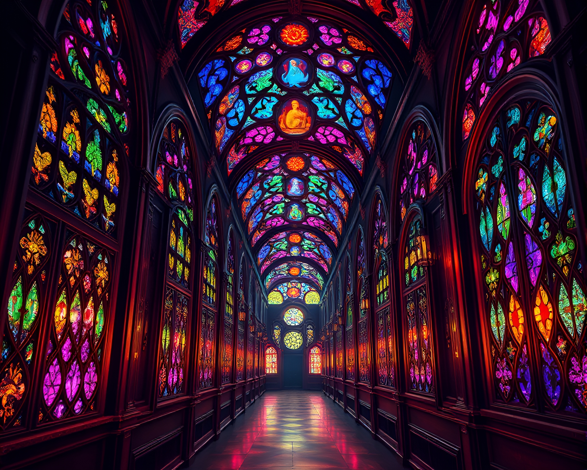 Enchanting Time-Warp Corridor with Mystical Stained Glass Energy – free AI stock image