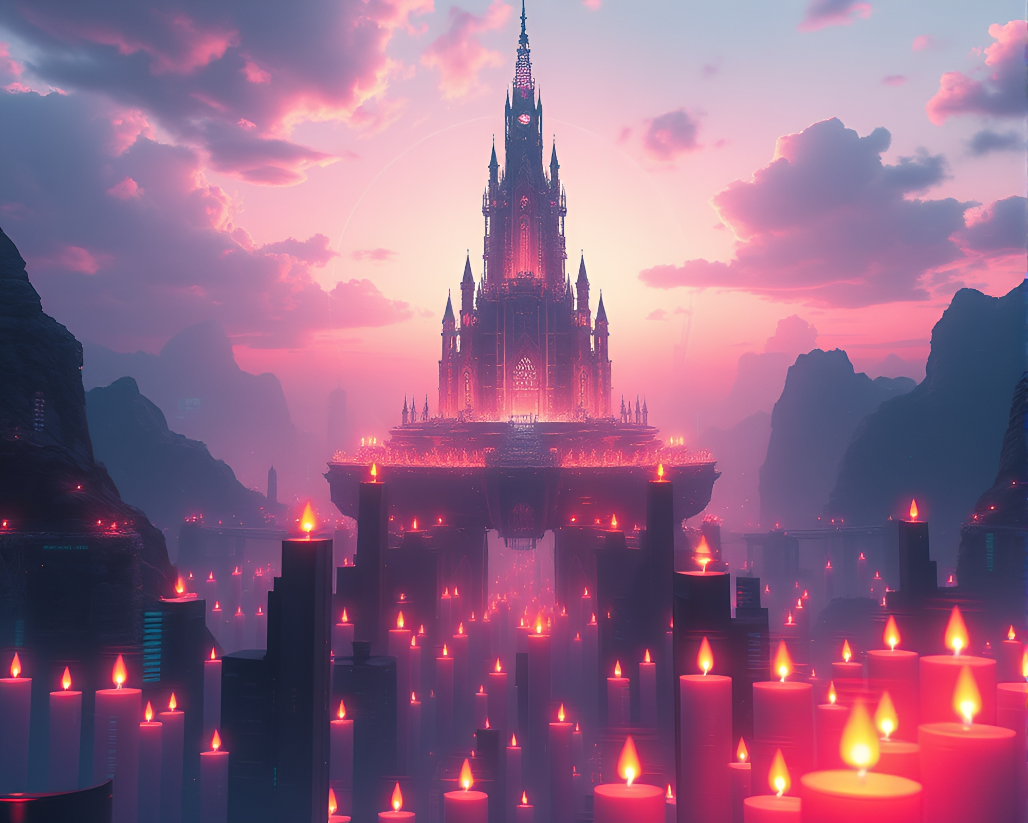 Futuristic Citadel Floating Among Glitched Candles in Cyberpunk World – free AI stock image