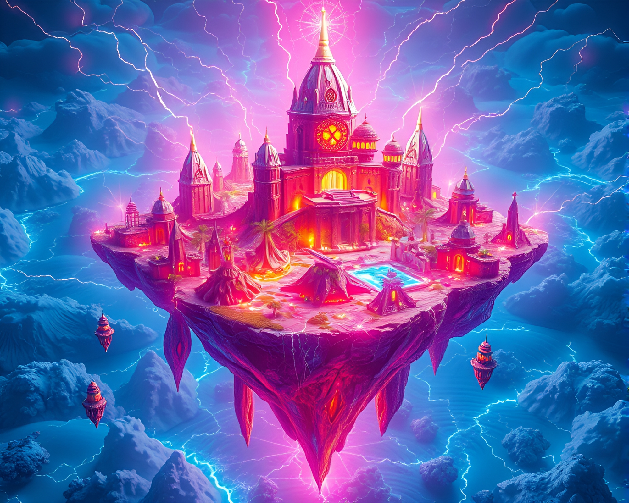 Vibrant 3D Floating Island Archipelago with Electric Energy – free AI stock image