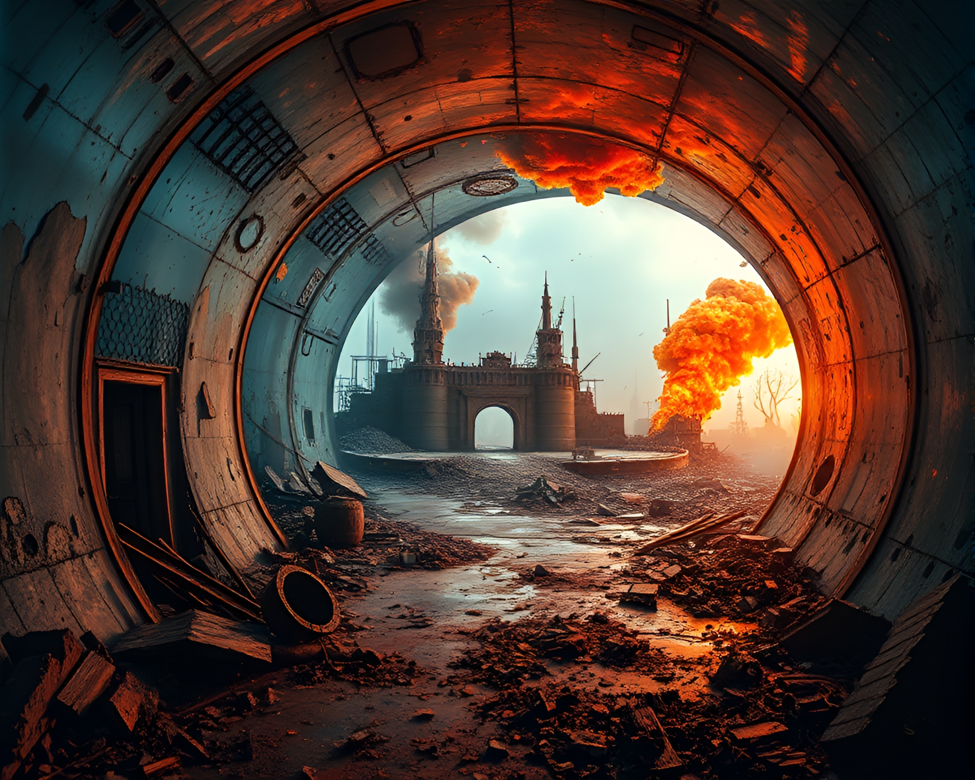 Time-warp corridor reveals apocalyptic destruction and beauty – free AI stock image