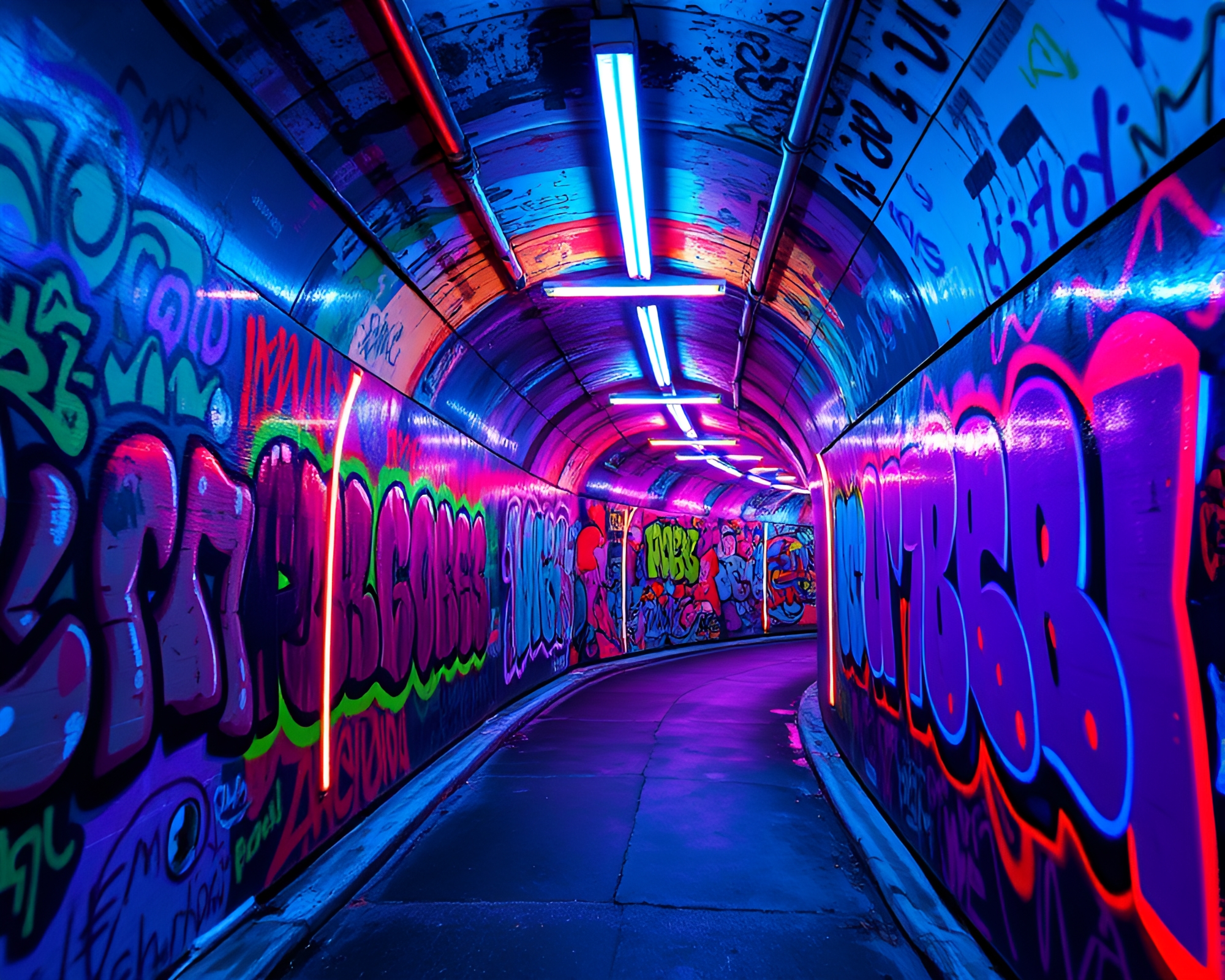 Vibrant Neon Graffiti Tunnel Illuminated in Colorful Lights – free AI stock image