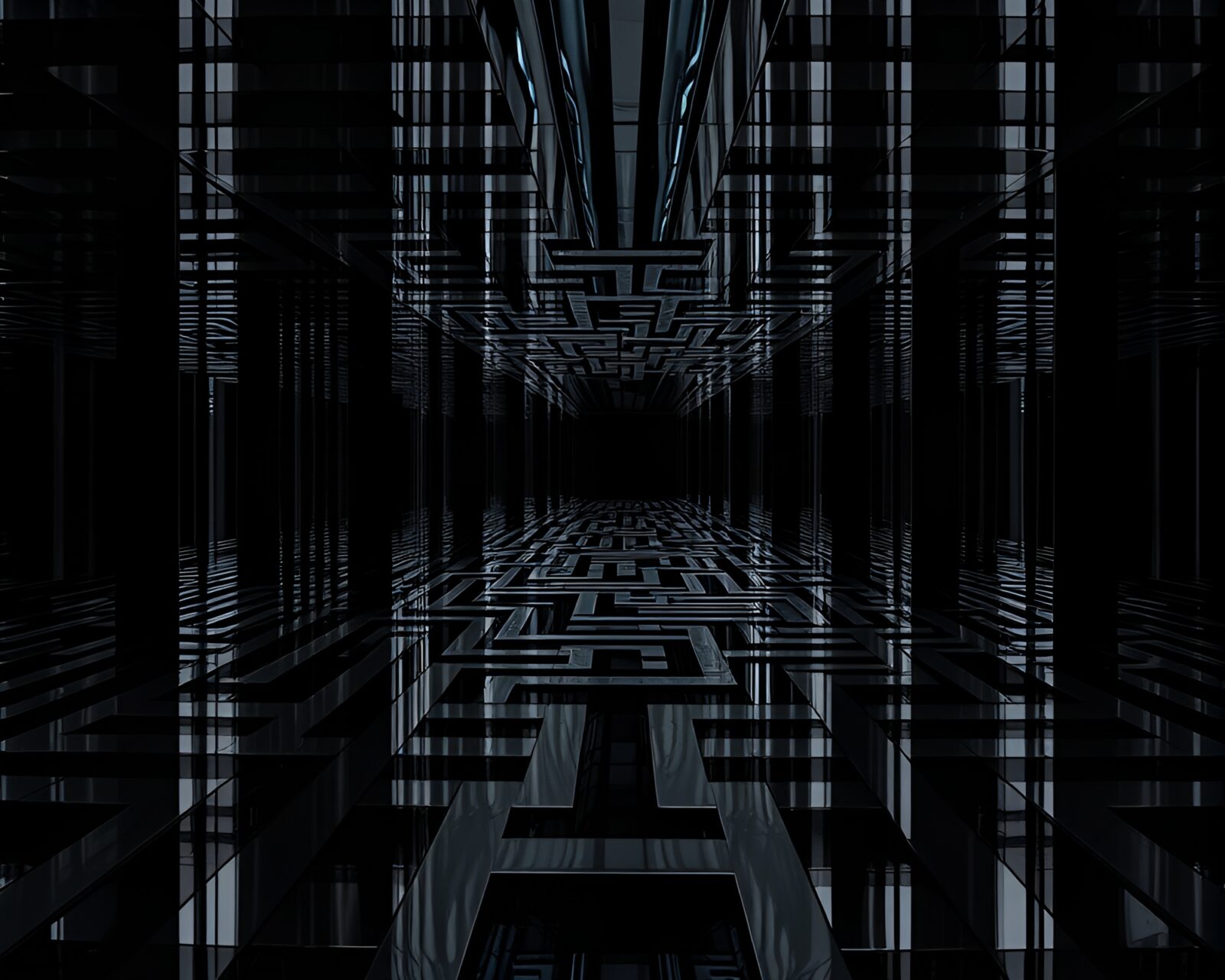 Enigmatic mirror labyrinth photography with noir aesthetics.