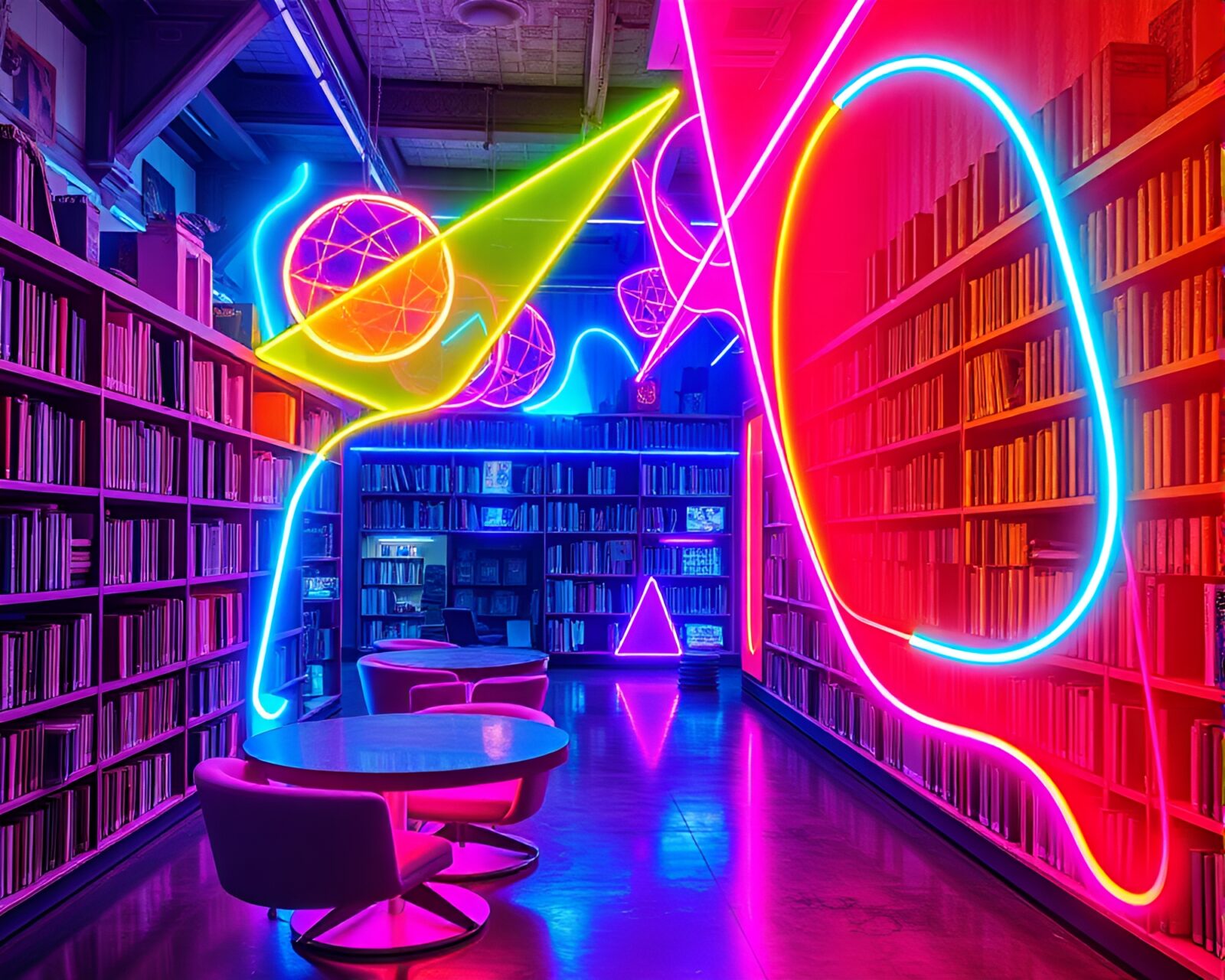 Colorful neon graffiti art in massive book-filled space