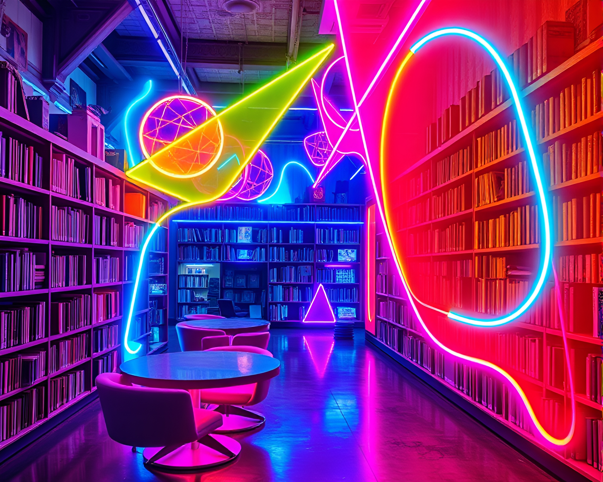 Futuristic Neon Graffiti in Labyrinthine Library – free AI stock image